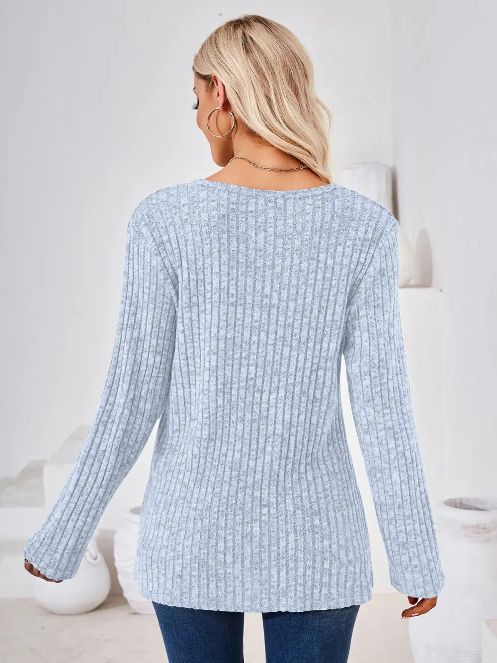 Ribbed Buttoned Round Neck Slit T-Shirt, image 20