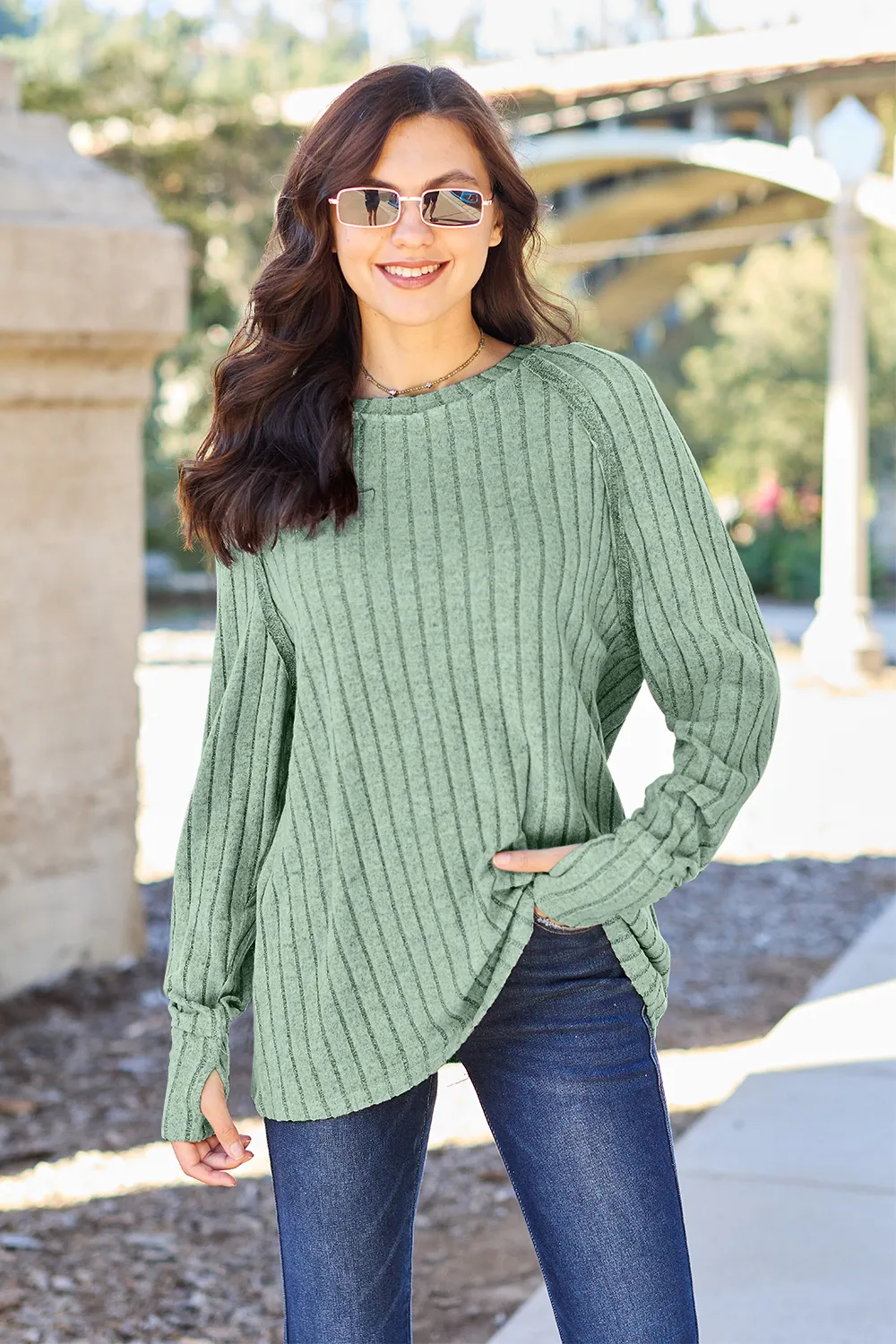 Full Size Ribbed Round Neck Long Sleeve Knit Top, image 6