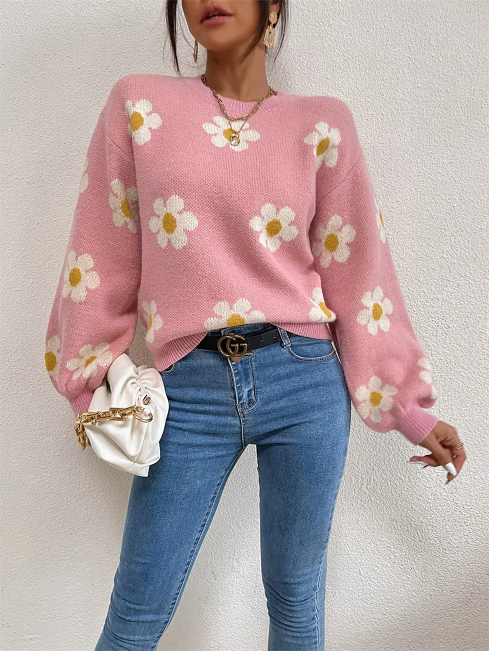 Flower Round Neck Latern Sleeve Sweater, image 3
