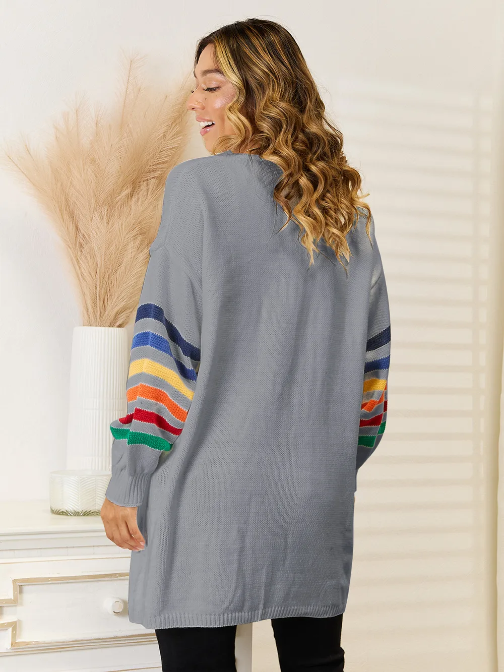 Striped Open Front Dropped Shoulder Cardigan, image 9