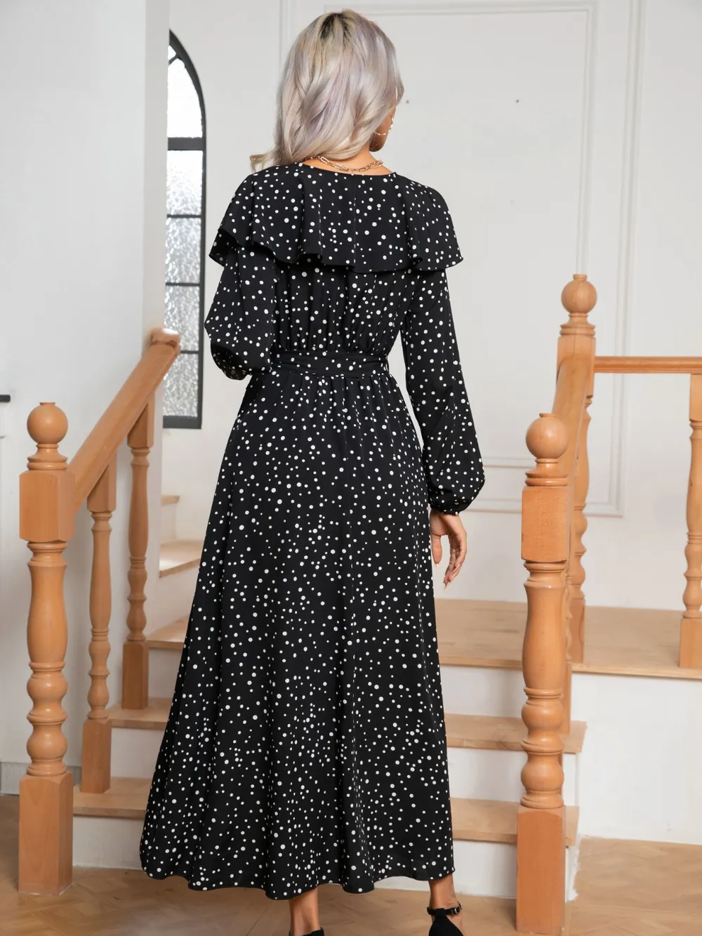 Polka Dot Tie Front Long Sleeve Slit Dress, image 2