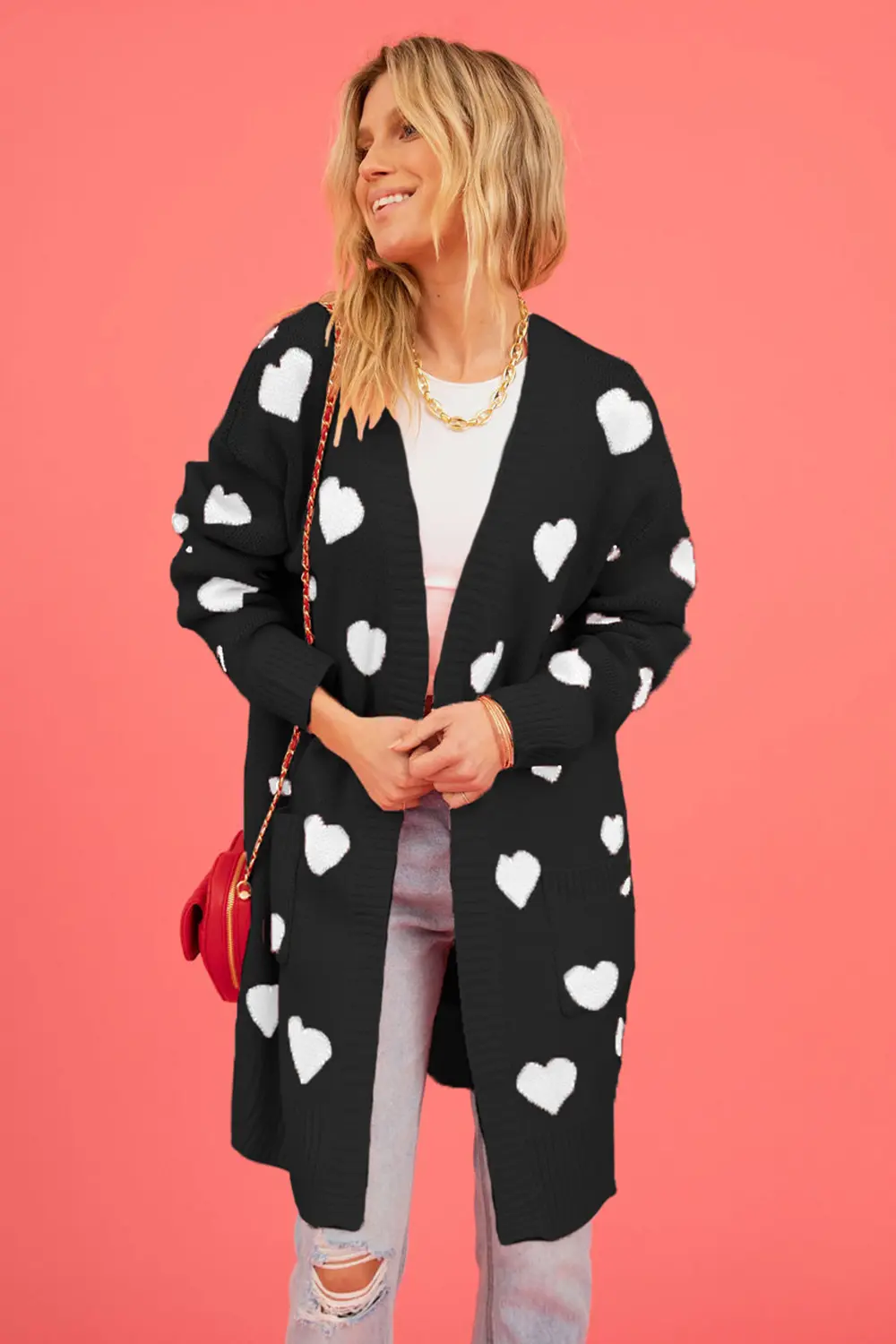 Heart Graphic Open Front Cardigan with Pockets, image 12