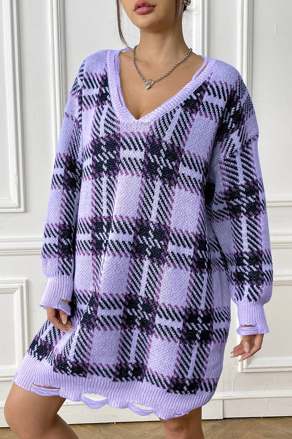 Plaid V-Neck Long Sleeve Sweater Dress, image 2