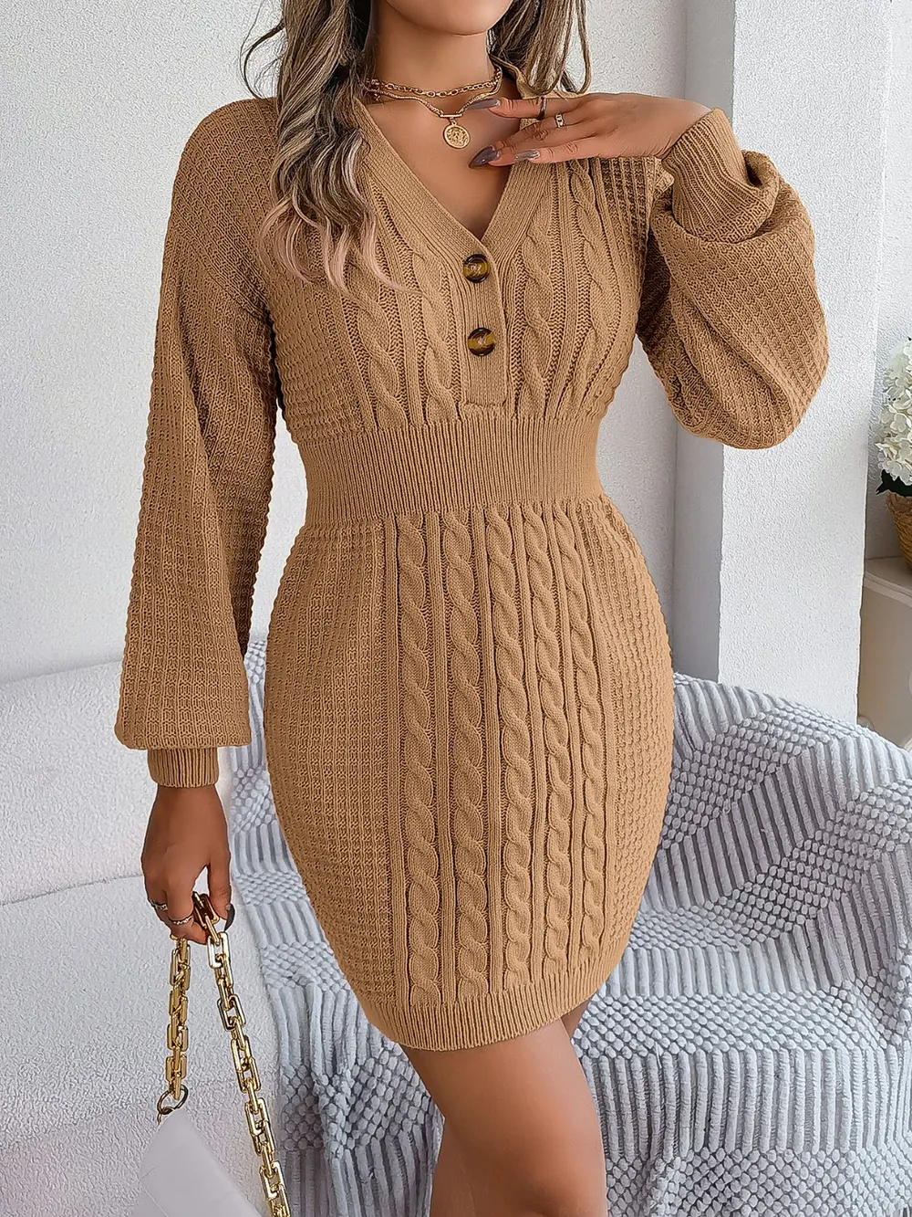Buttoned Cable-Knit V-Neck Sweater Dress, image 17