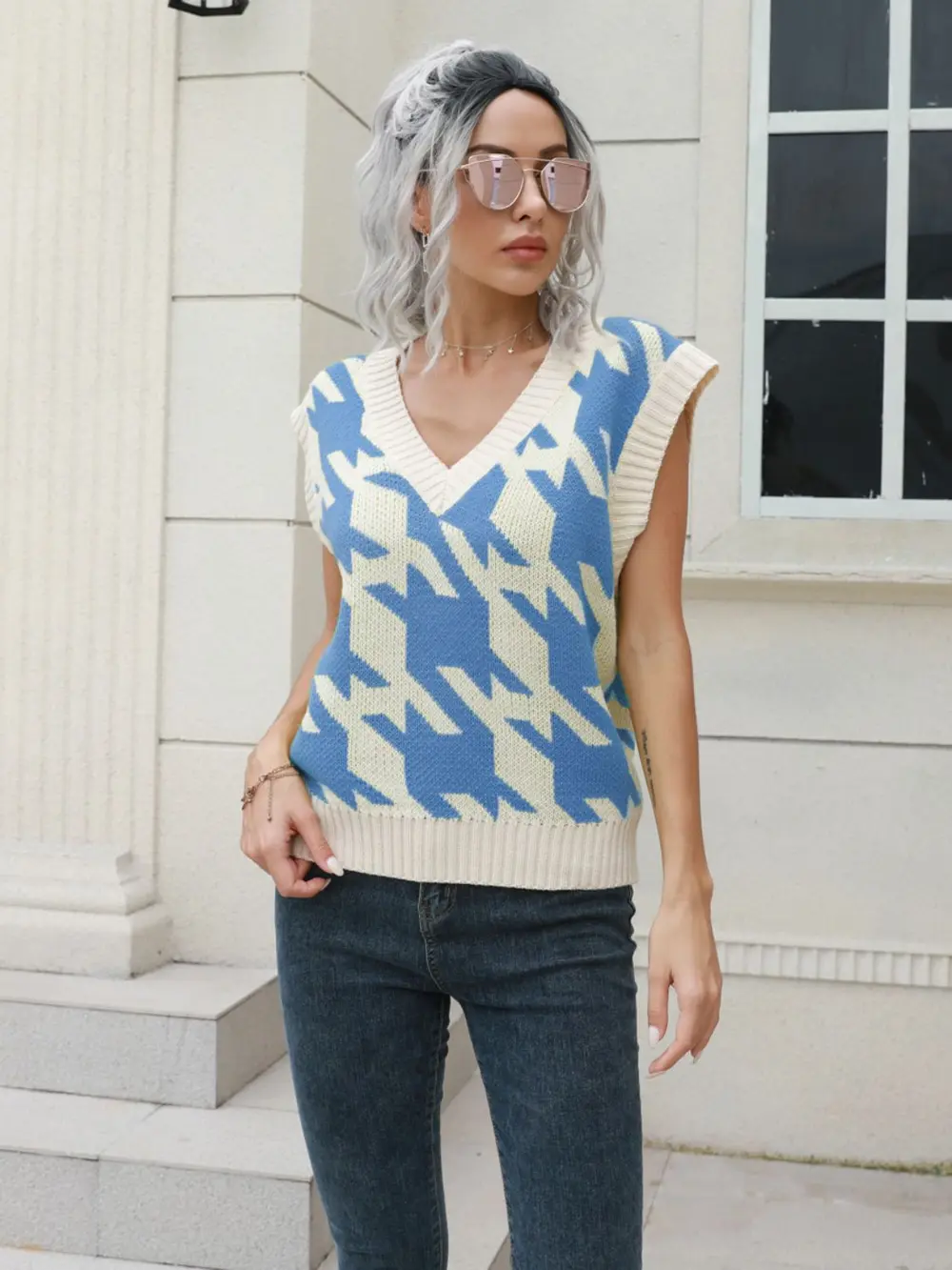 Houndstooth V-Neck Sweater Vest, image 5