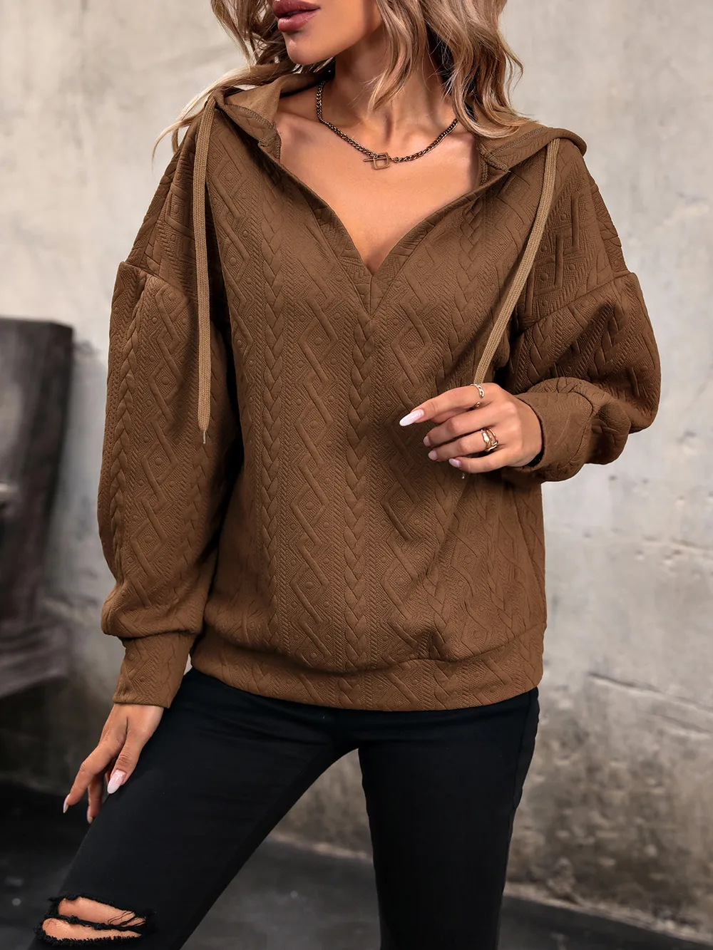 Drawstring Dropped Shoulder Long Sleeve Hoodie, image 4