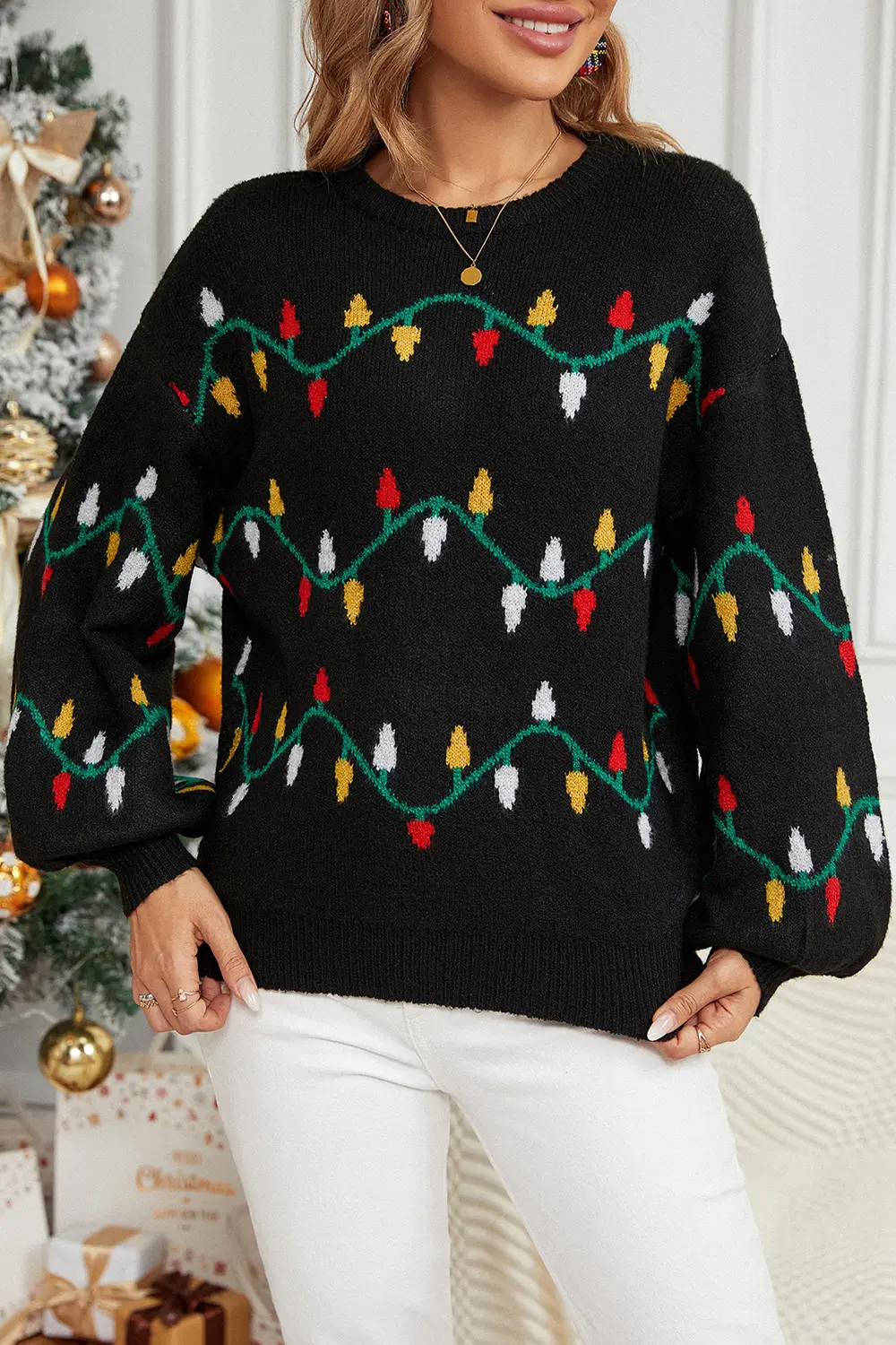 Round Neck Pattern Lantern Sleeve Sweater, image 3