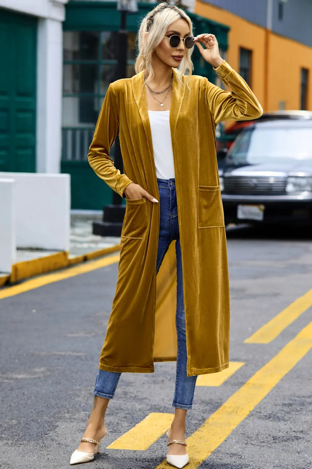 Velvet Open Front Long Cardigan with Pockets, image 2