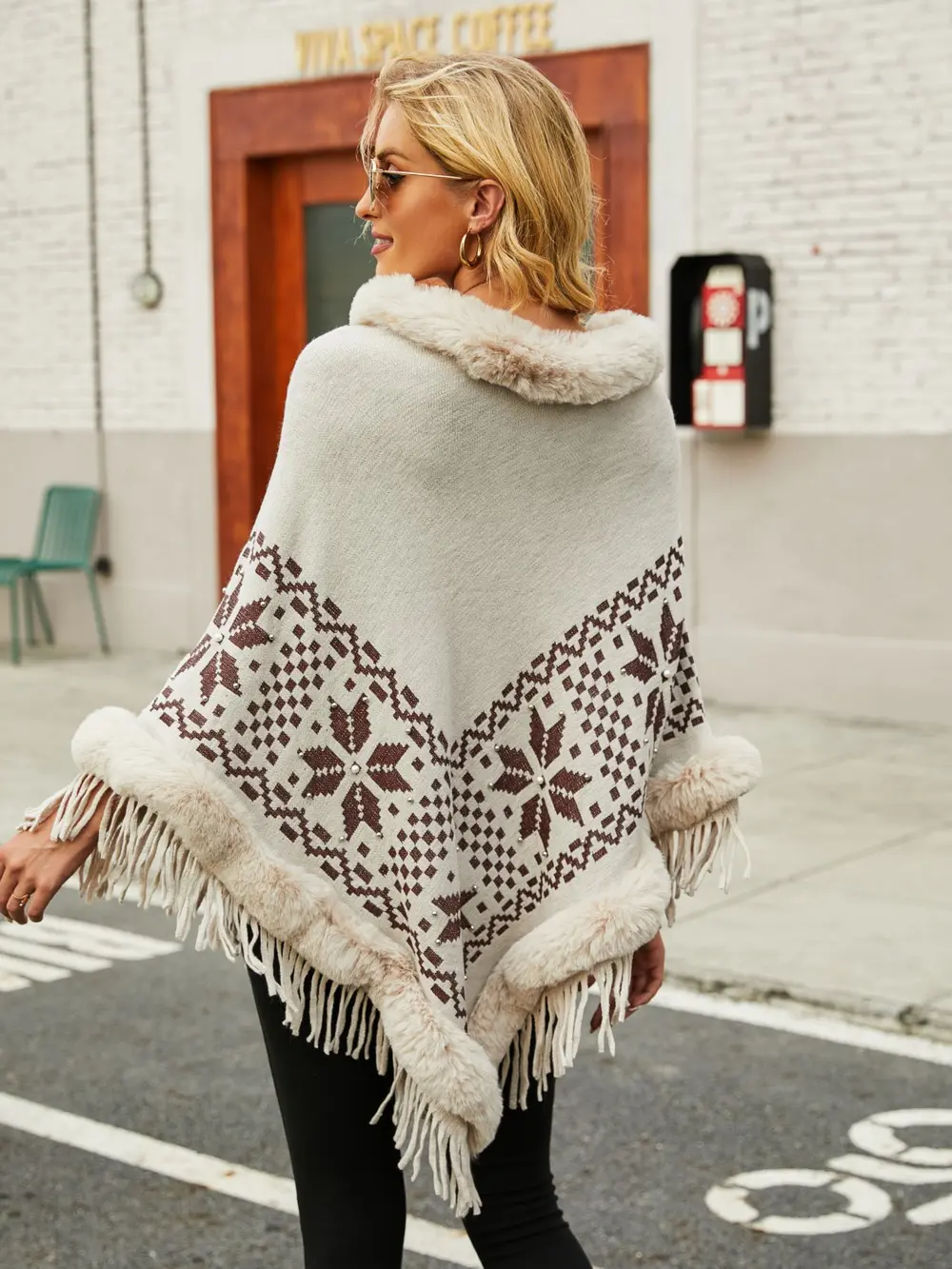 Fringe Geometric Cape Sleeve Poncho, image 3