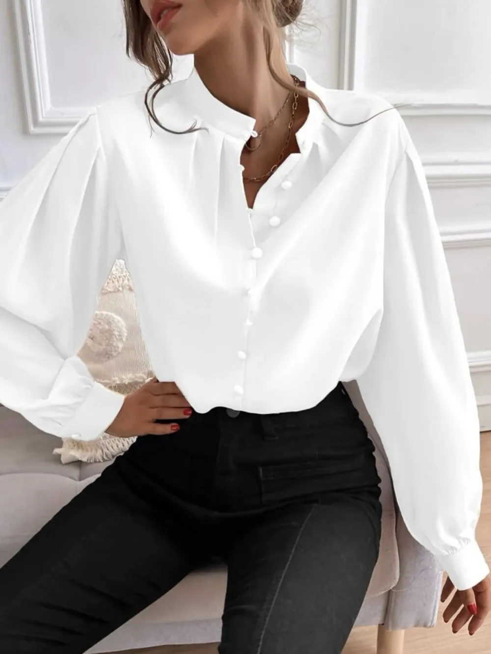 Mock Neck Button Front Shirt, image 5