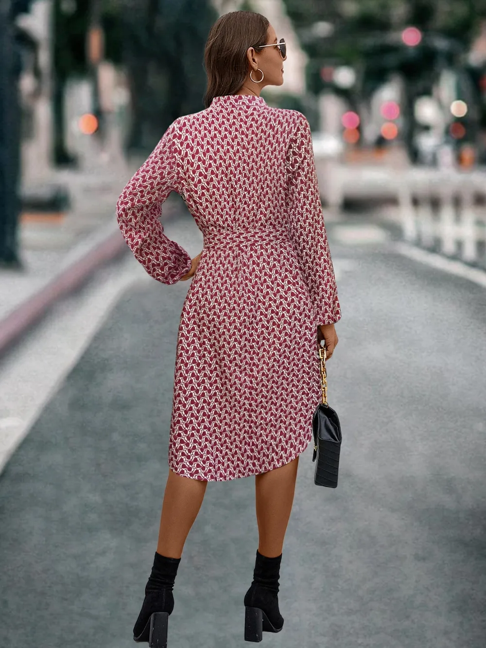 Printed Notched Tie Front Long Sleeve Dress, image 2