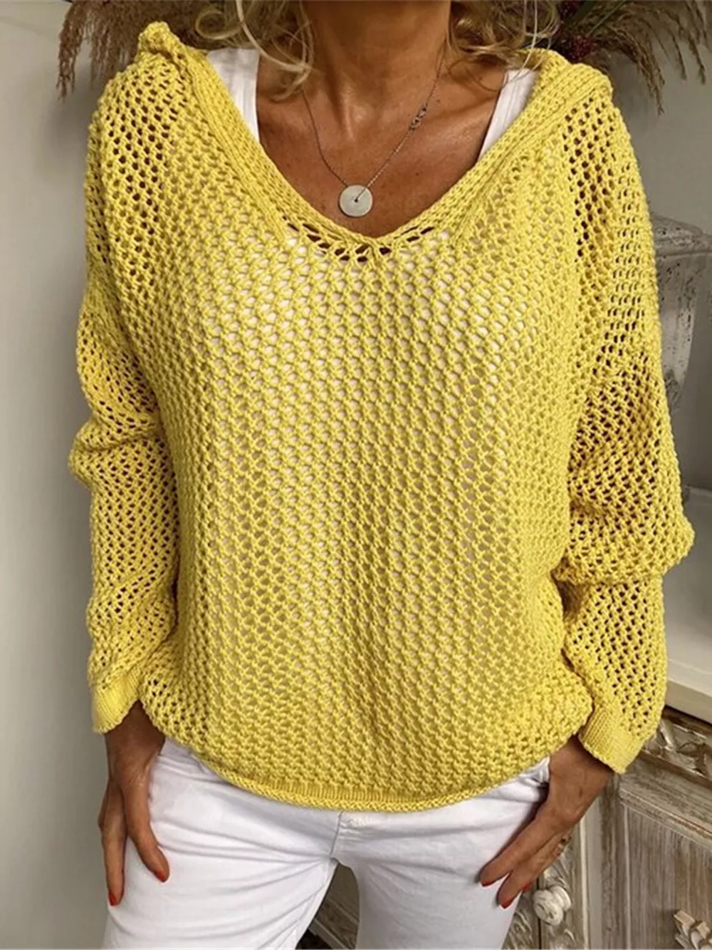 Openwork Hooded Long Sleeve Sweater, image 8