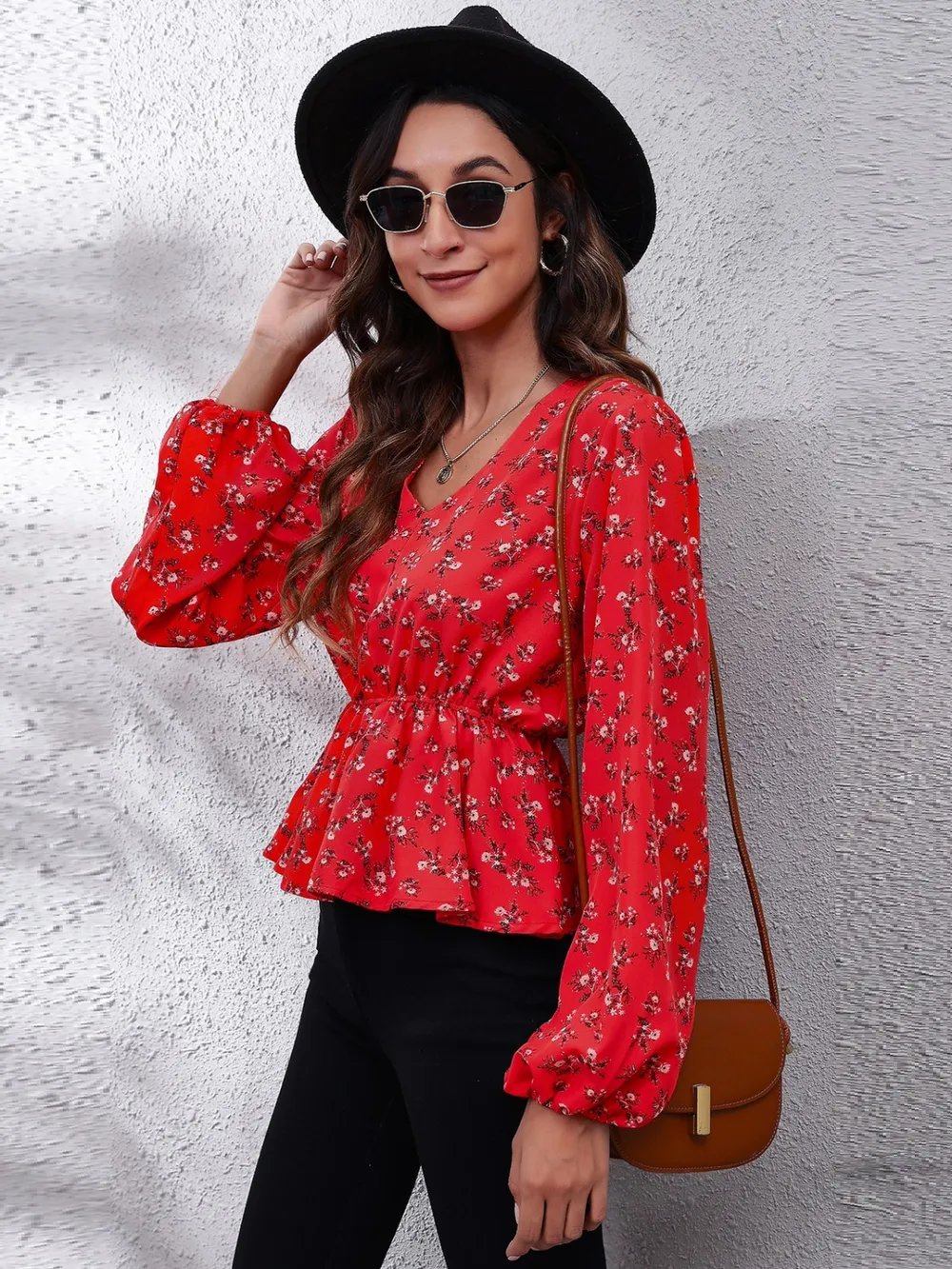 Floral V-Neck Balloon Sleeve Peplum Blouse, image 4