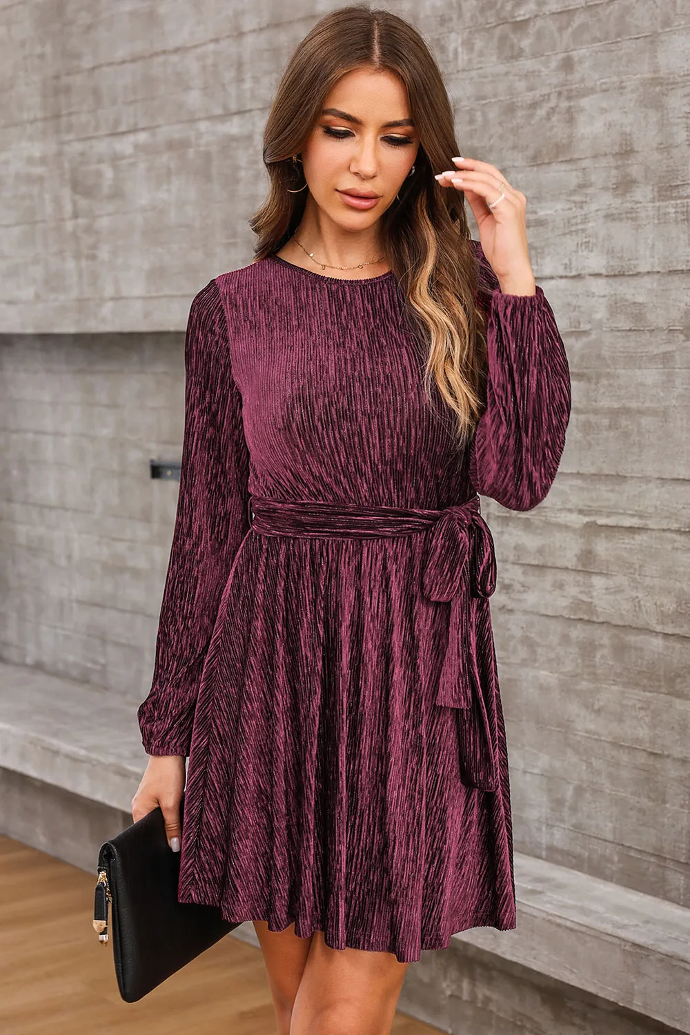 Round Neck Tie Front Long Sleeve Dress, image 4