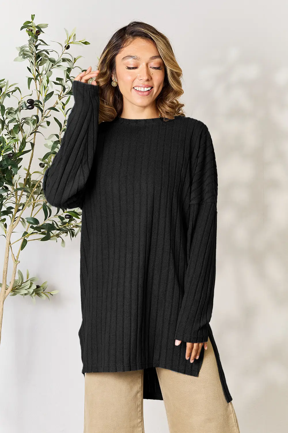 Full Size Ribbed Round Neck Long Sleeve Slit Top, image 11