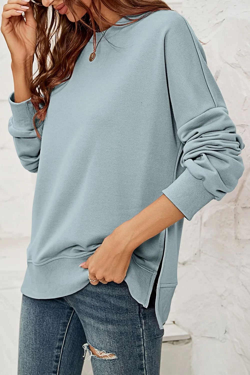 Round Neck Dropped Shoulder Slit Sweatshirt, image 8
