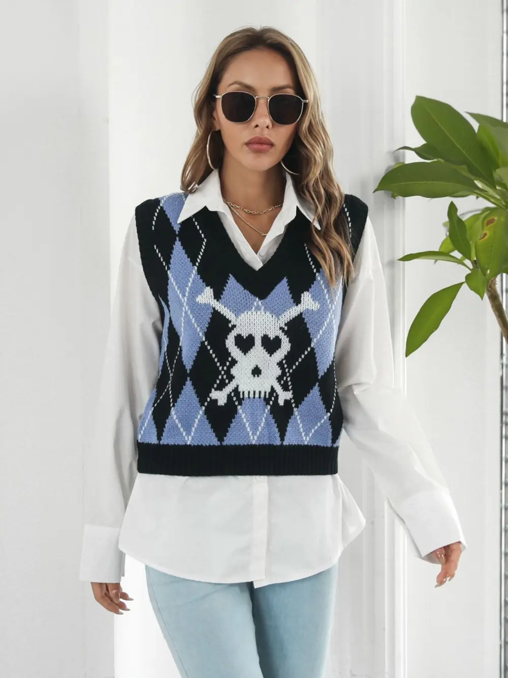 Skull Geometric V-Neck Sweater Vest, image 3