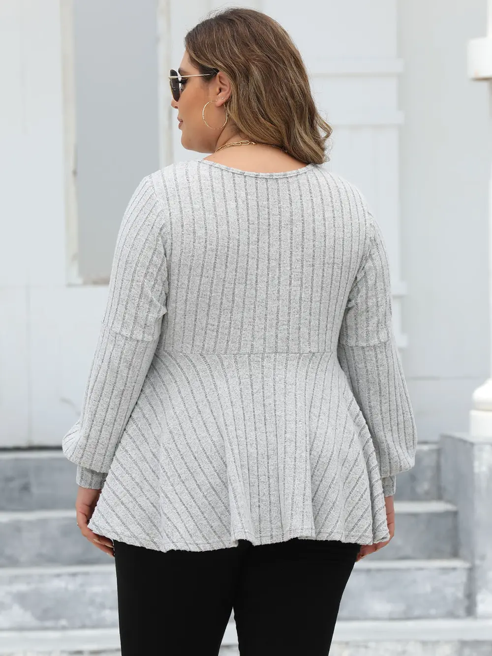 Plus Size Ribbed V-Neck Long Sleeve Blouse, image 7