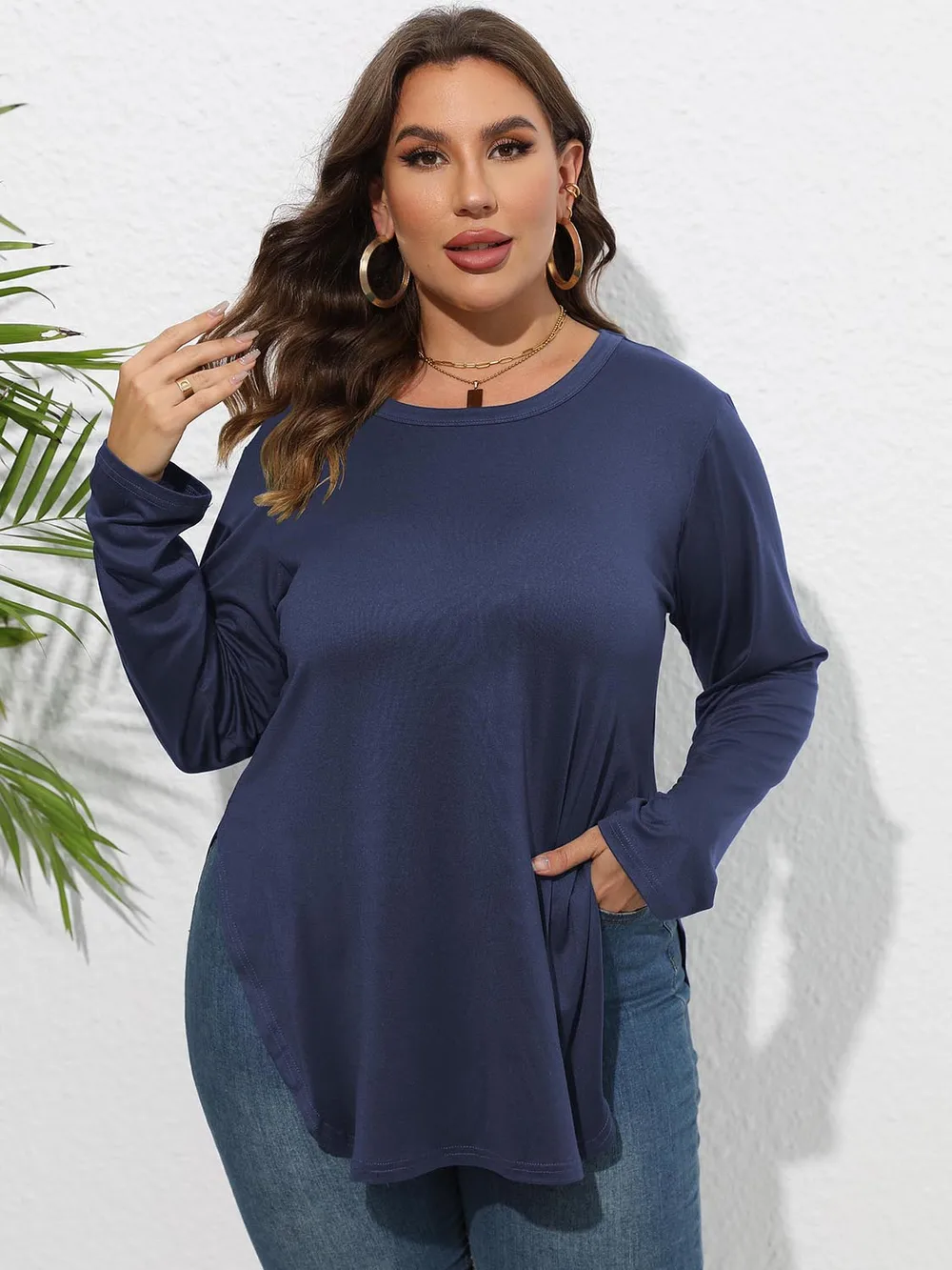 Plus Size Round Neck Long Sleeve Slit T-Shirt, image 4