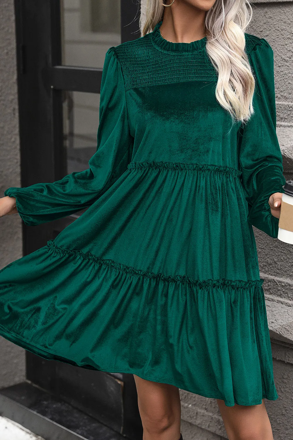 Smocked Balloon Sleeve Frill Trim Tiered Dress, image 4