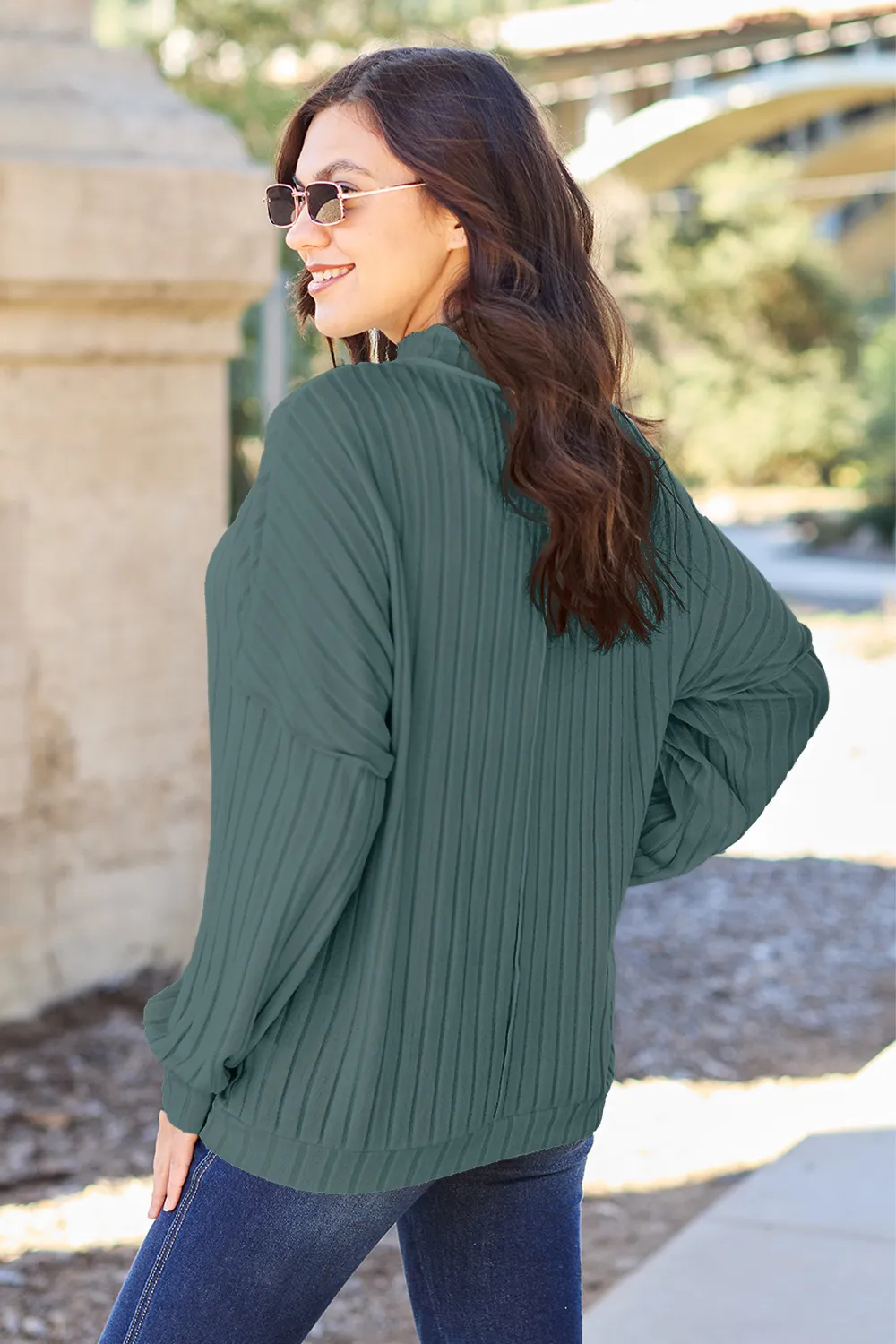 Full Size Ribbed Exposed Seam Mock Neck Knit Top, image 3