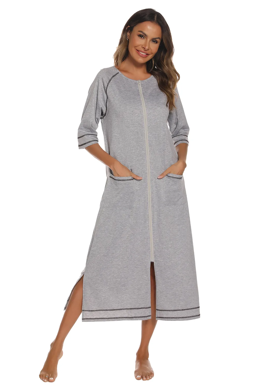 Zip Up Slit Round Neck Night Dress with Pockets, image 6