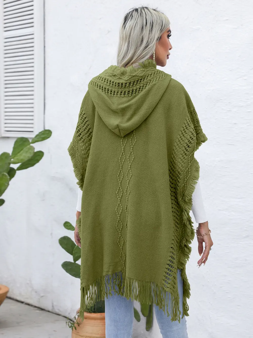 Fringe Trim Buttoned Hooded Poncho, image 18