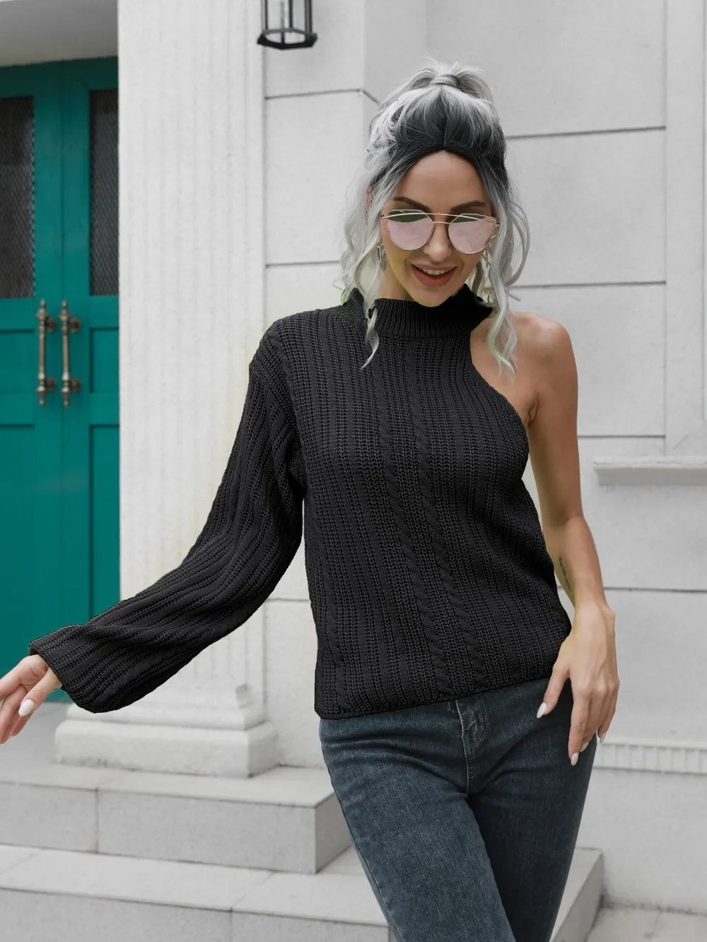 Cable-Knit Round Neck Asymmetrical Sweater, image 5