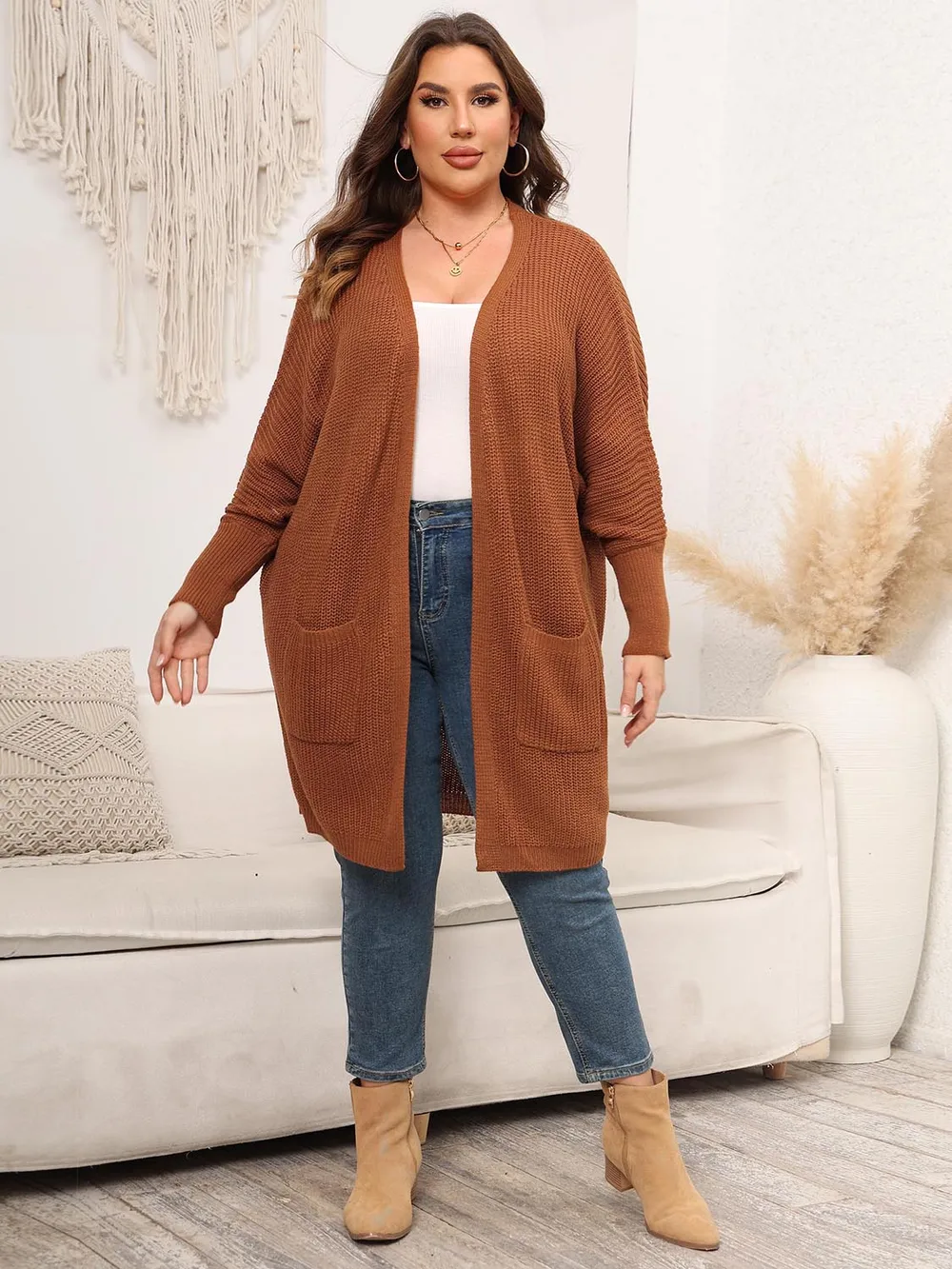 Plus Size Open Front Cardigan With Pockets, image 4