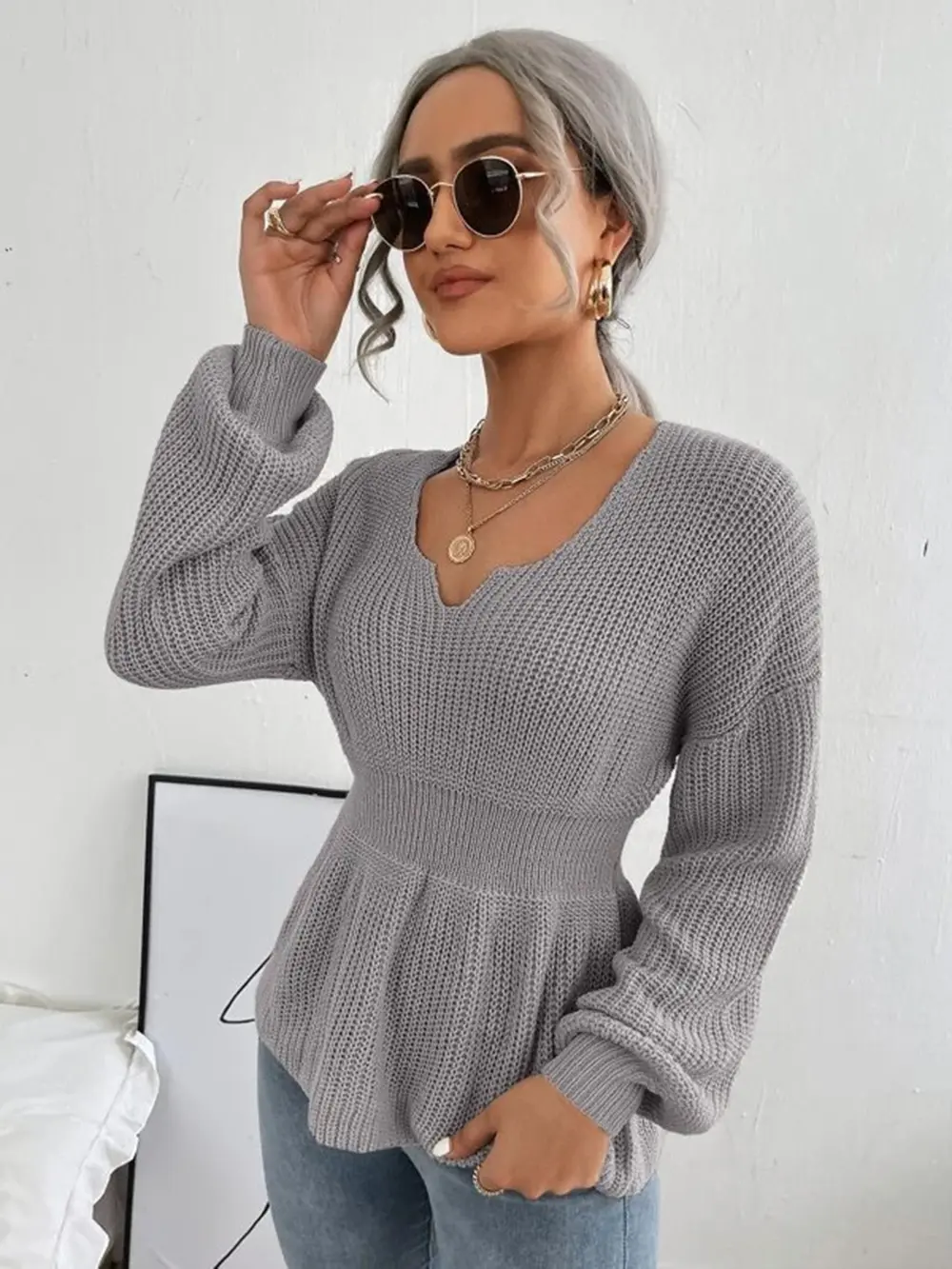 Notched Dropped Shoulder Knit Top, image 9