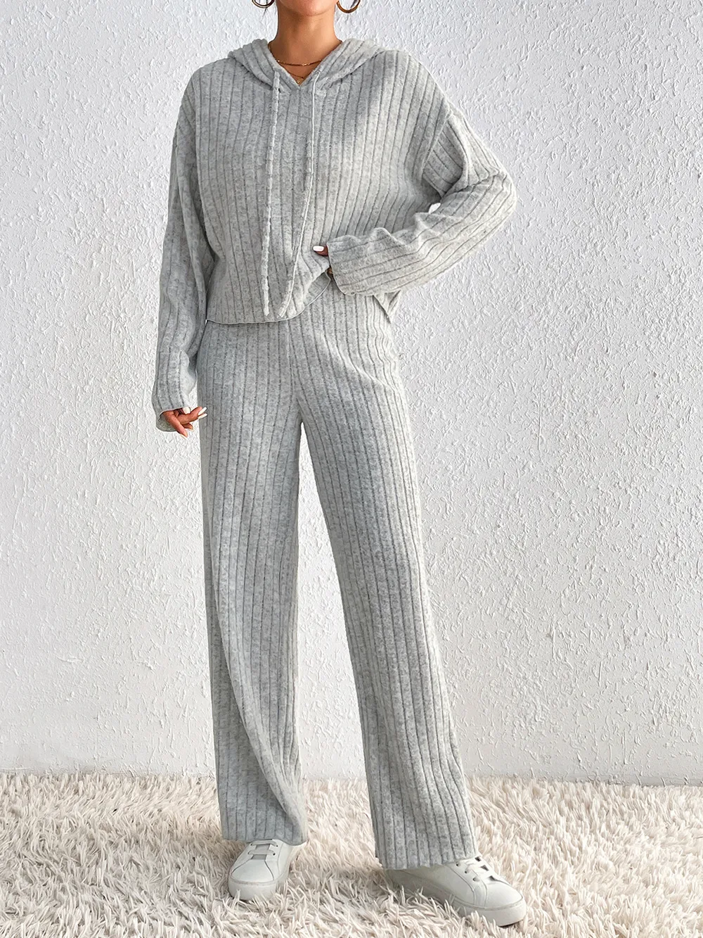 Drawstring Ribbed Hoodie and Straight Leg Pants Set, image 3