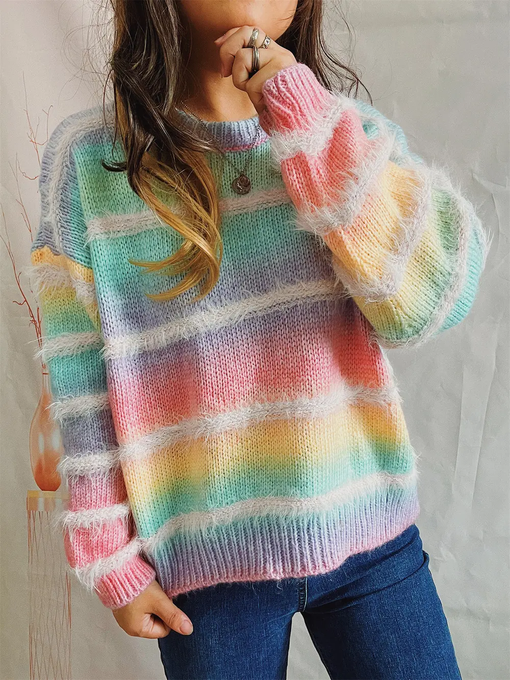 Striped Round Neck Long Sleeve Sweater, image 3