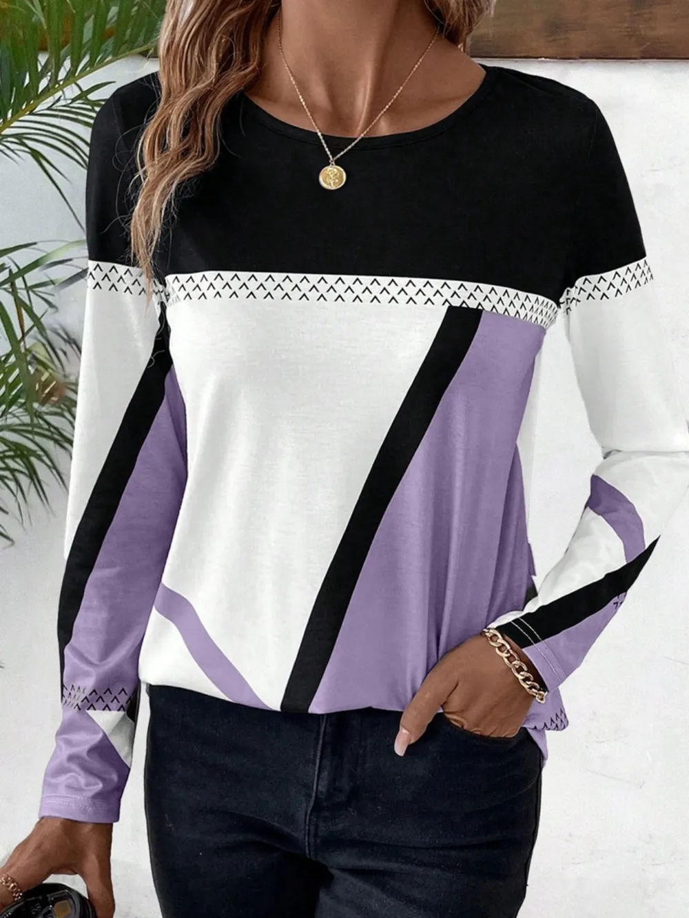 Contrast Round Neck Long Sleeve T-Shirt, image 9