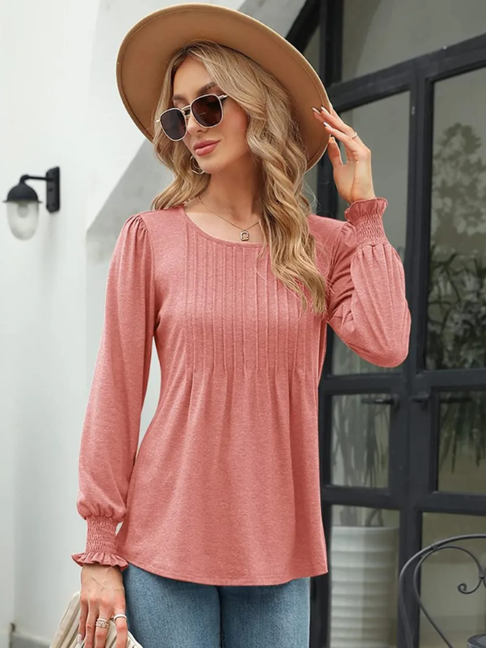 Smocked Round Neck Lantern Sleeve Blouse, image 8