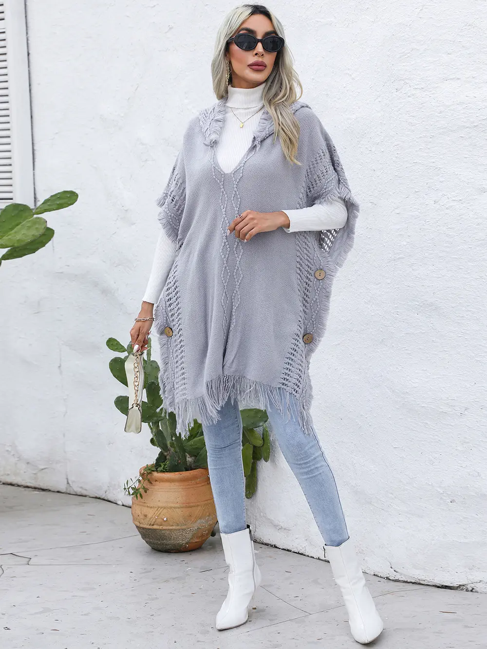 Fringe Trim Buttoned Hooded Poncho, image 5