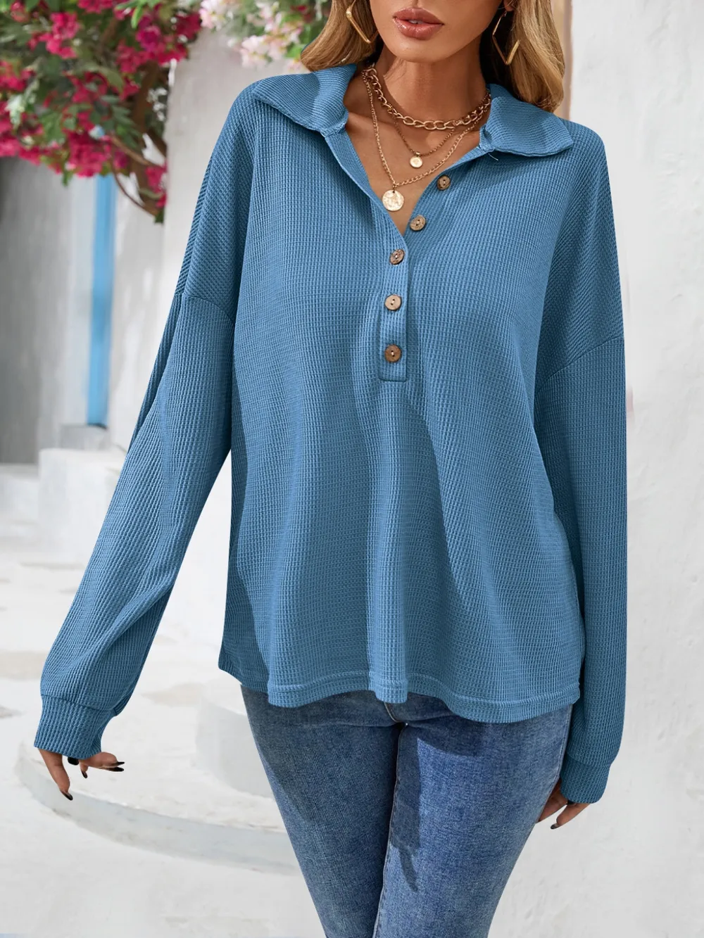 Half Button Collared Neck Long Sleeve Top, image 11