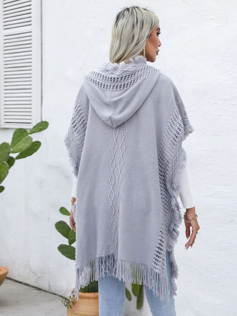 Fringe Trim Buttoned Hooded Poncho, image 3