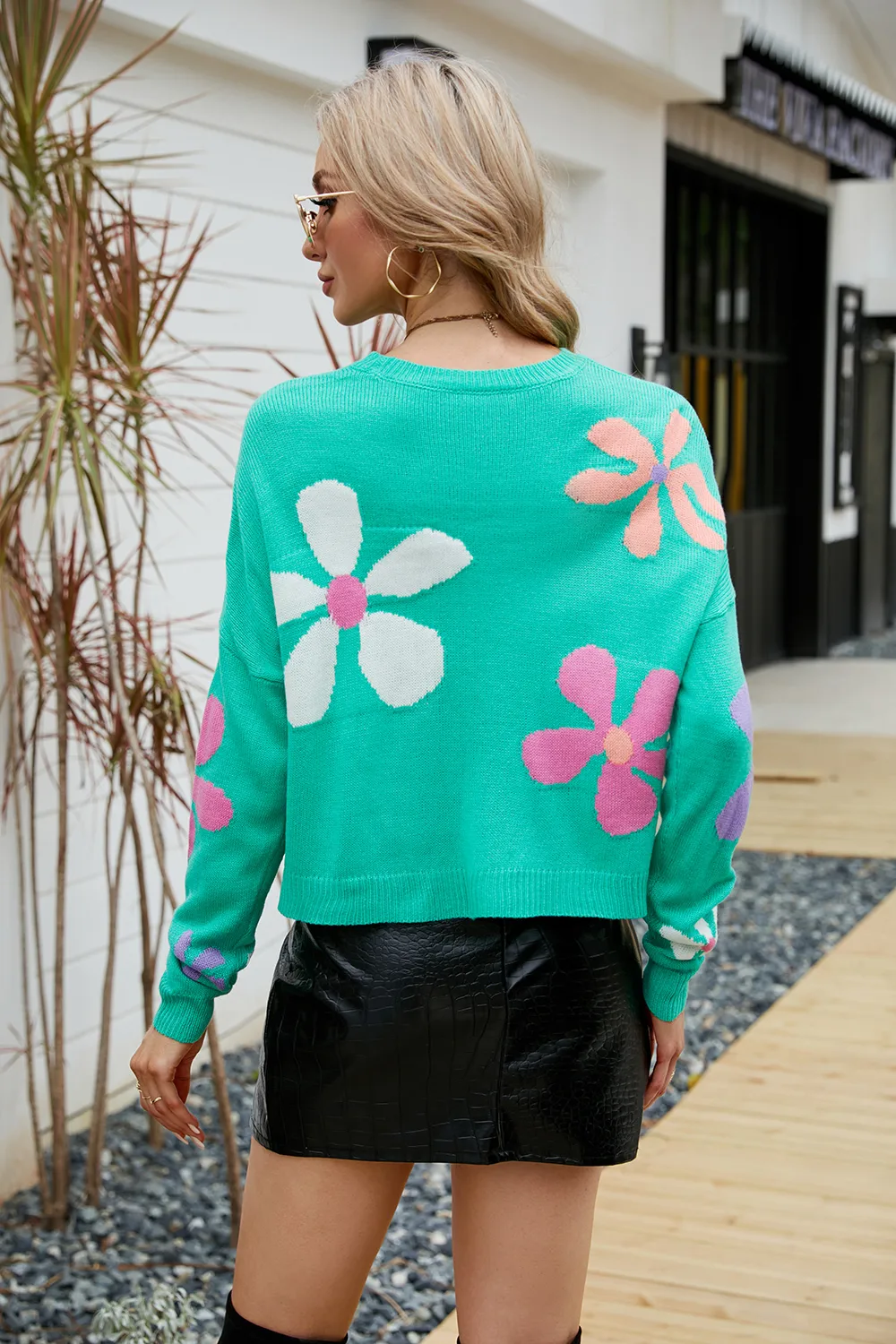 Flower Round Neck Drop Shoulder Sweater, image 3