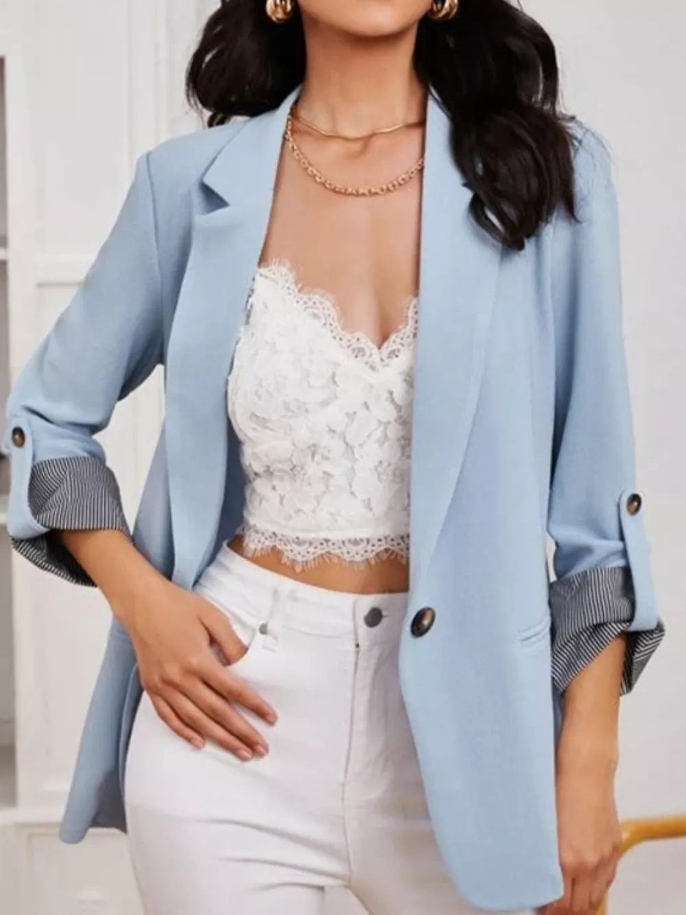 Lapel Collar Roll-Tab Sleeve Blazer, image 9