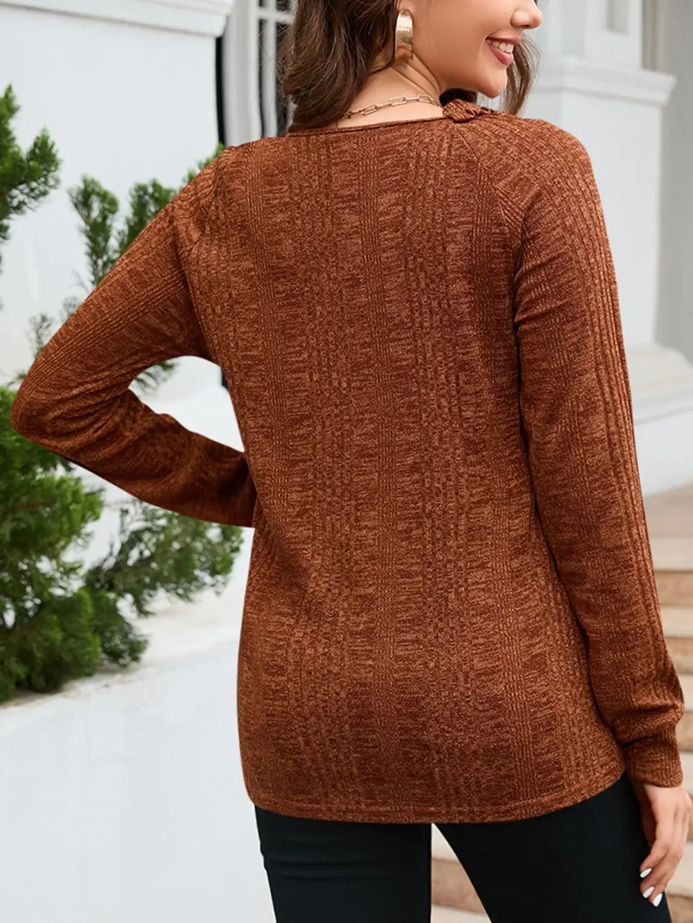Texture Round Neck Long Sleeve Knit Top, image 3