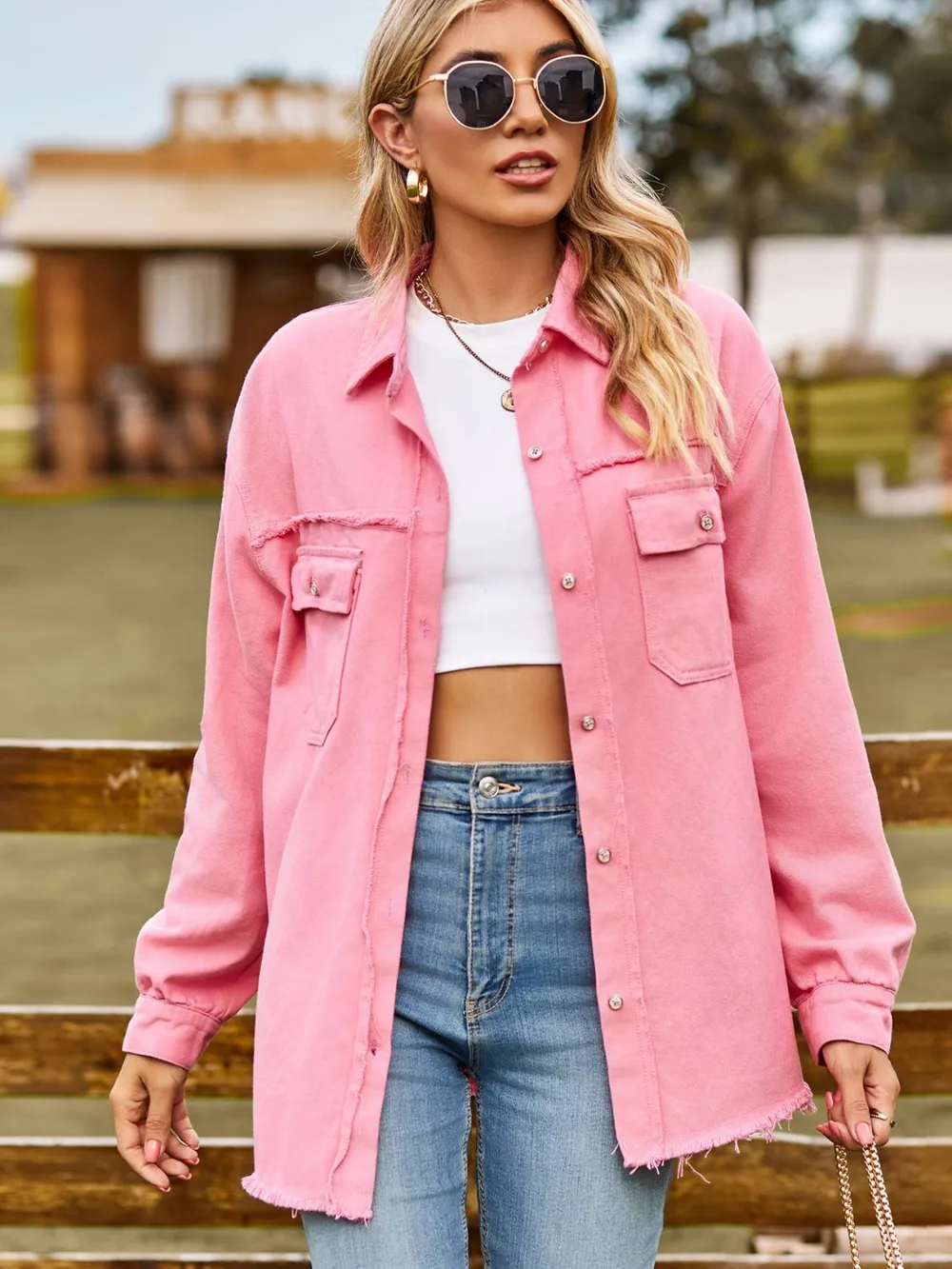 Button Up Collared Neck Raw Hem Denim Top, image 5