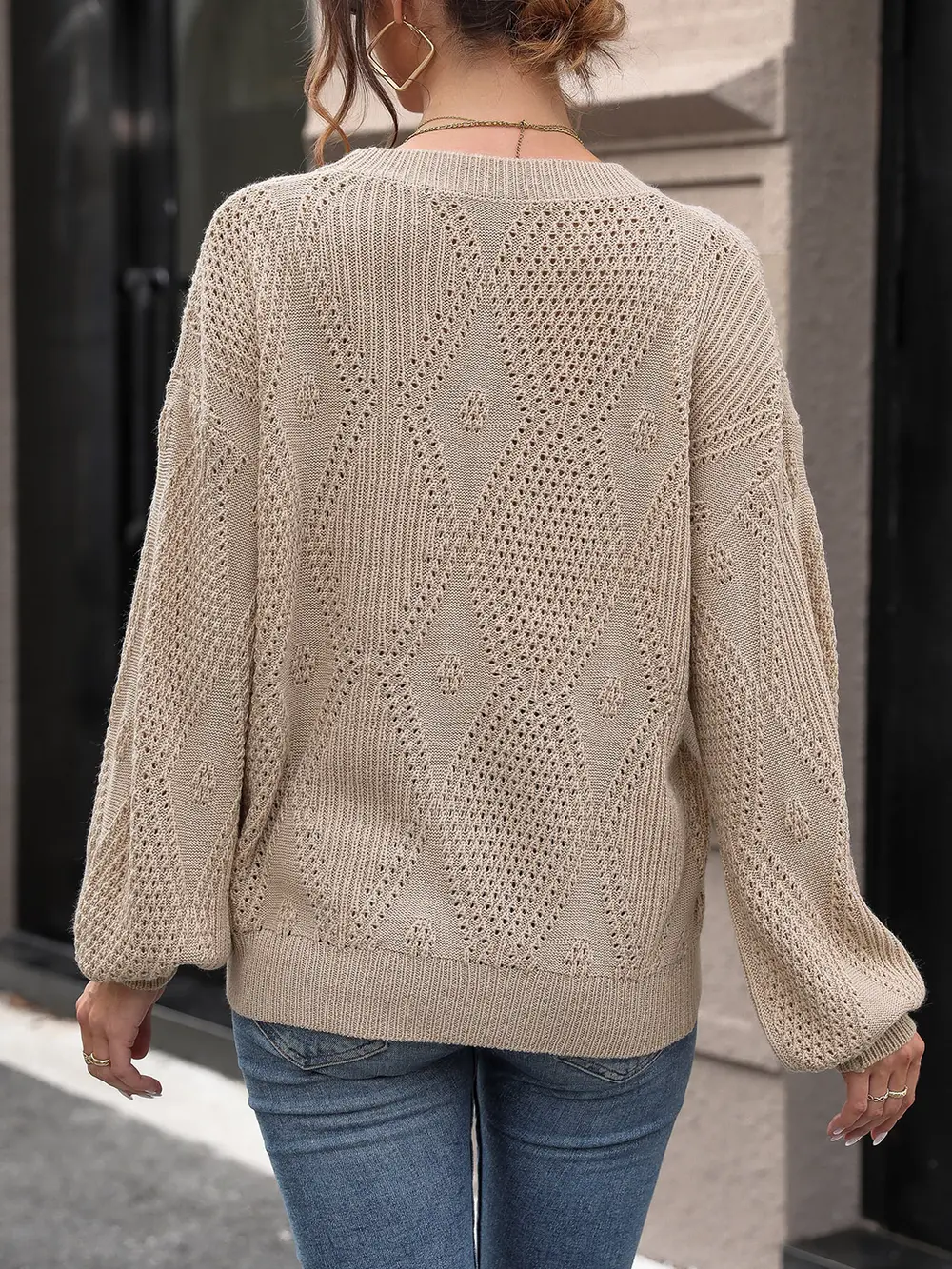 Eyelet Round Neck Long Sleeve Knit Top, image 2