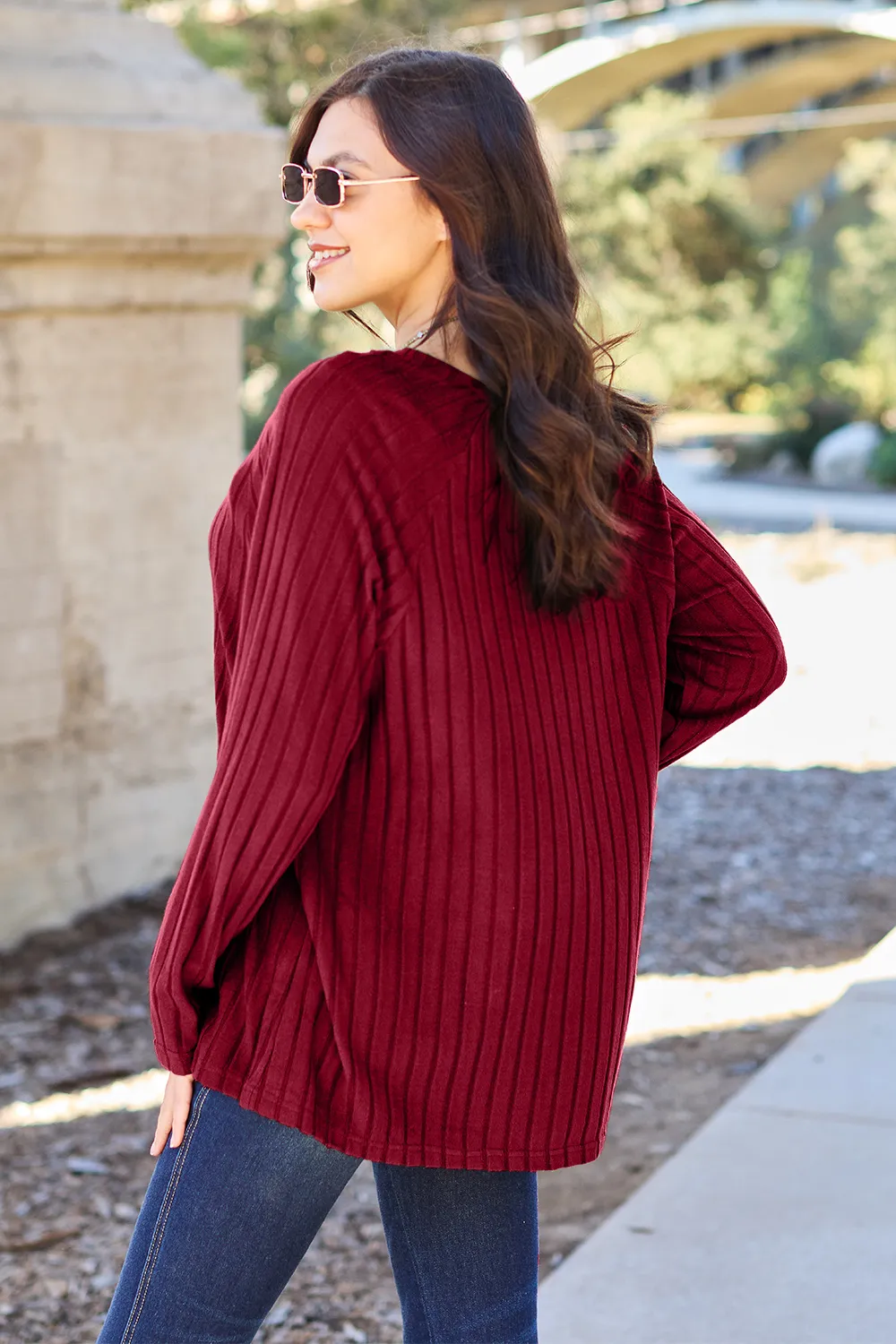 Full Size Ribbed Round Neck Long Sleeve Knit Top, image 5