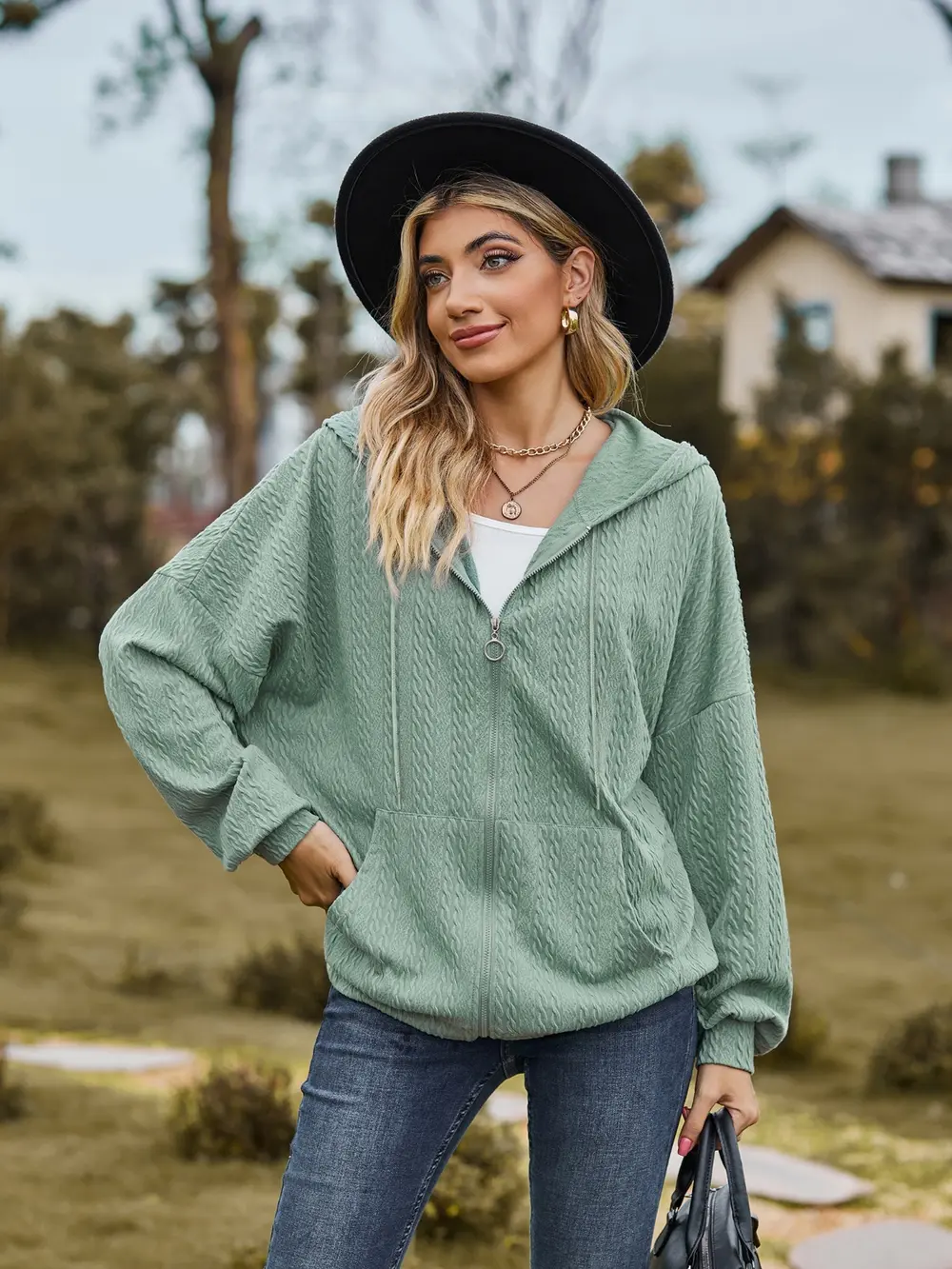 Zip Up Drawstring Long Sleeve Hooded Jacket, image 2