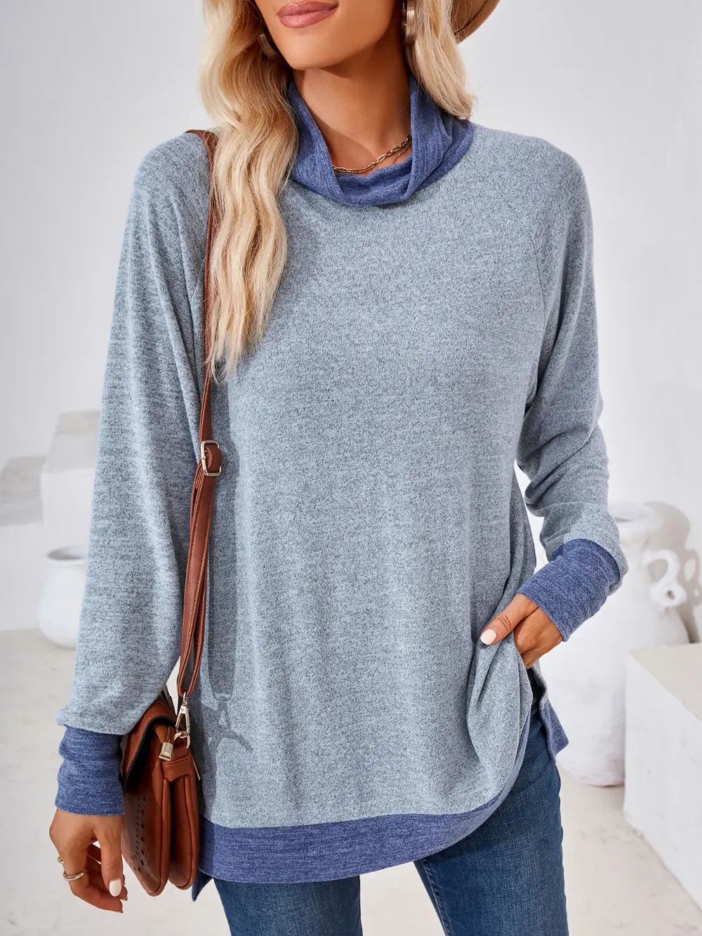 Contrast Mock Neck Long Sleeve T-Shirt, image 27