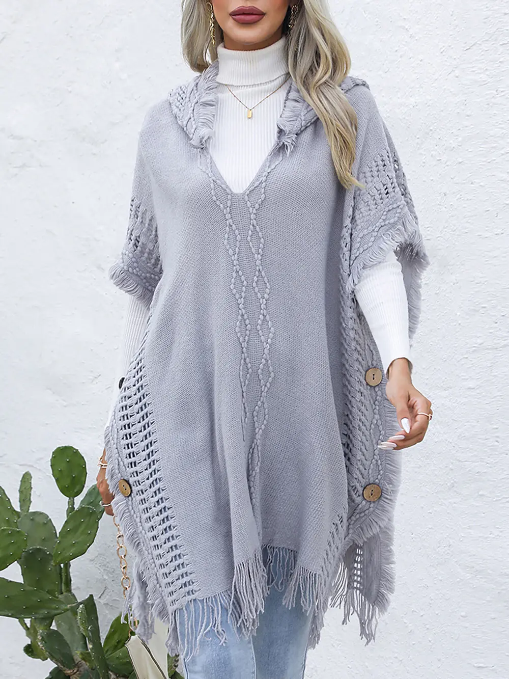 Fringe Trim Buttoned Hooded Poncho, image 2