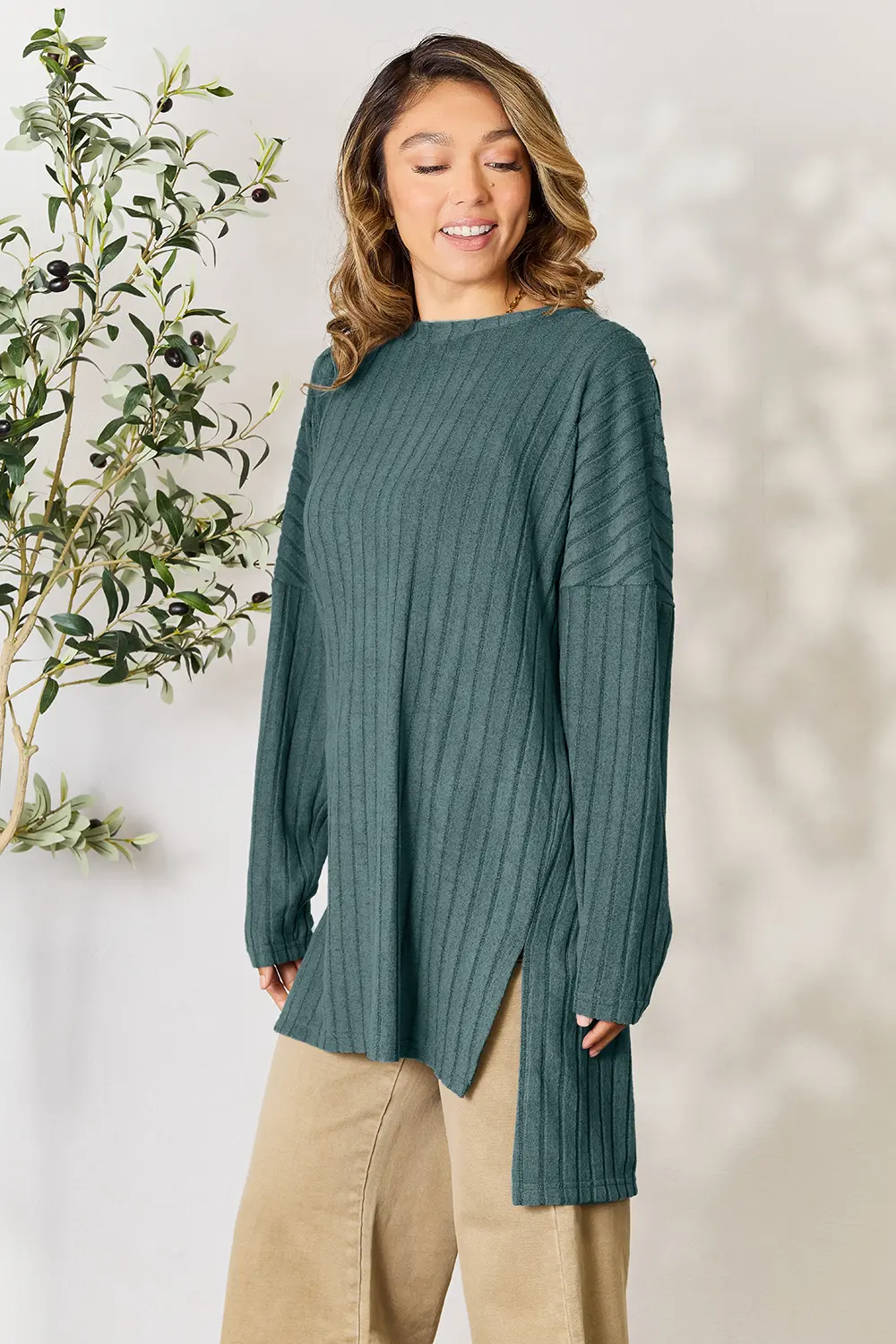 Full Size Ribbed Round Neck Long Sleeve Slit Top, image 12