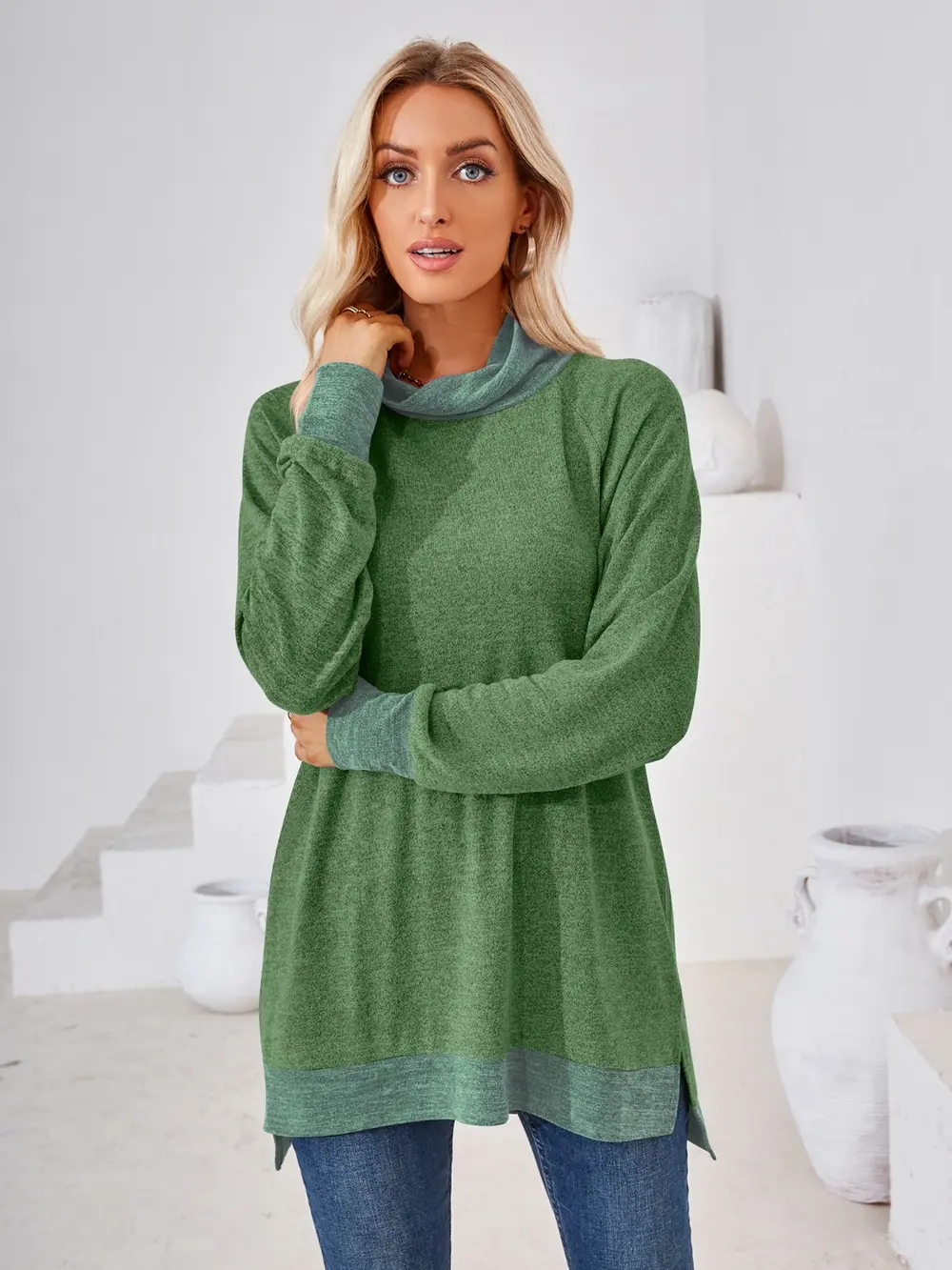 Contrast Mock Neck Long Sleeve T-Shirt, image 20