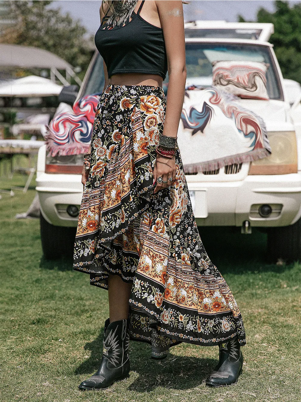 Printed High-Low Ruffle Hem Skirt, image 4