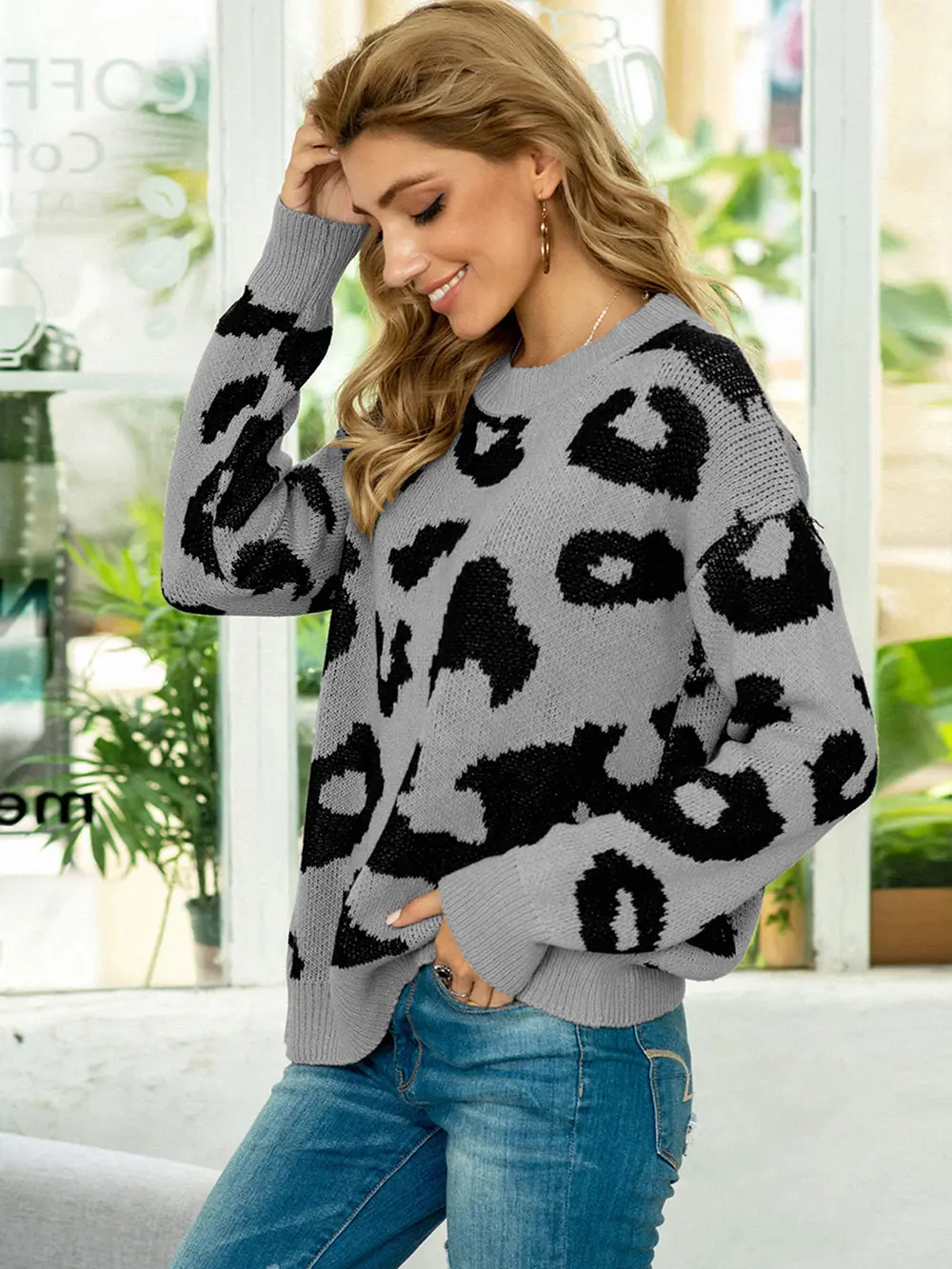 Drop Shoulder Leopard Pullover Sweater, image 4